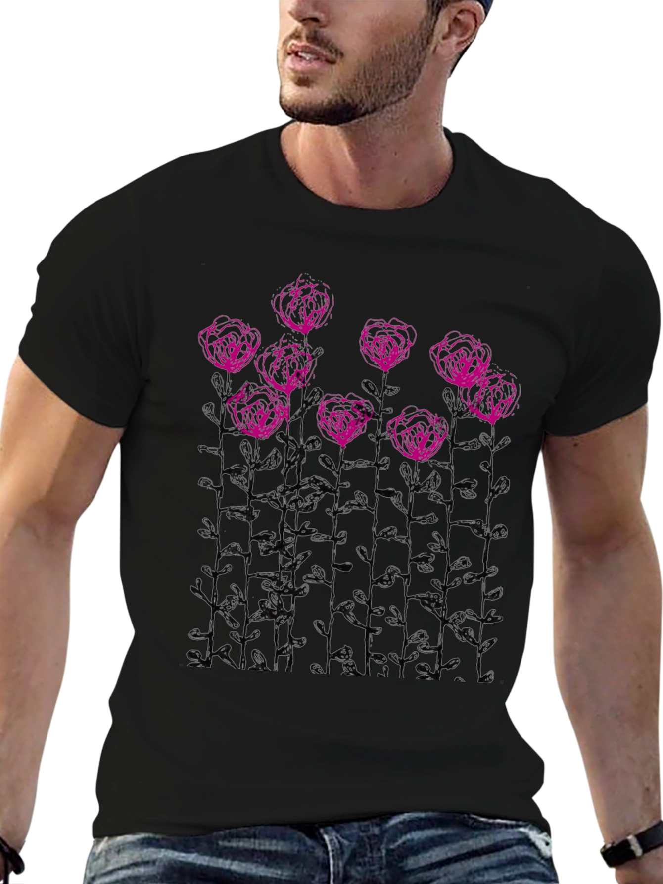 Floral Sketch Graphic Tee - Black Casual T-Shirt
