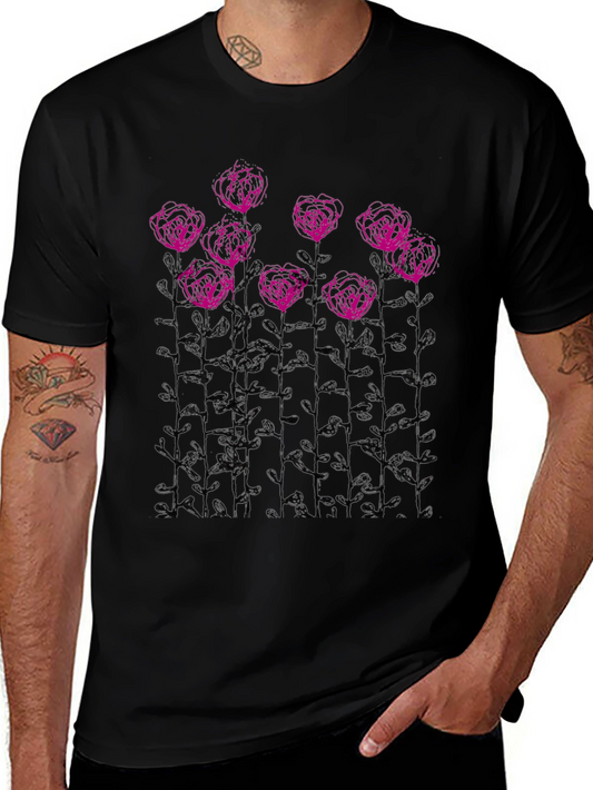 Floral Sketch Graphic Tee - Black Casual T-Shirt