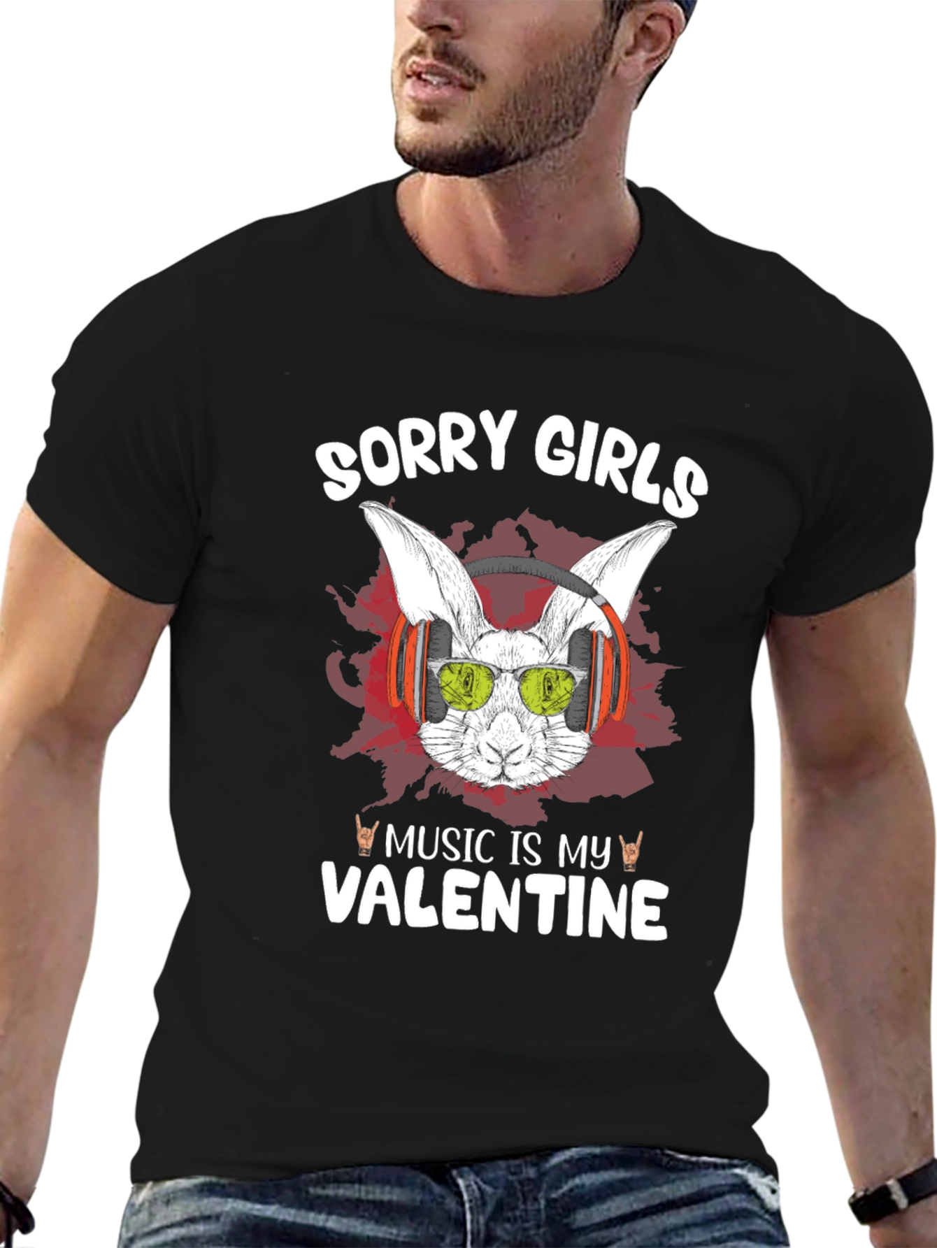 Music Is My Valentine Rabbit Graphic T-Shirt