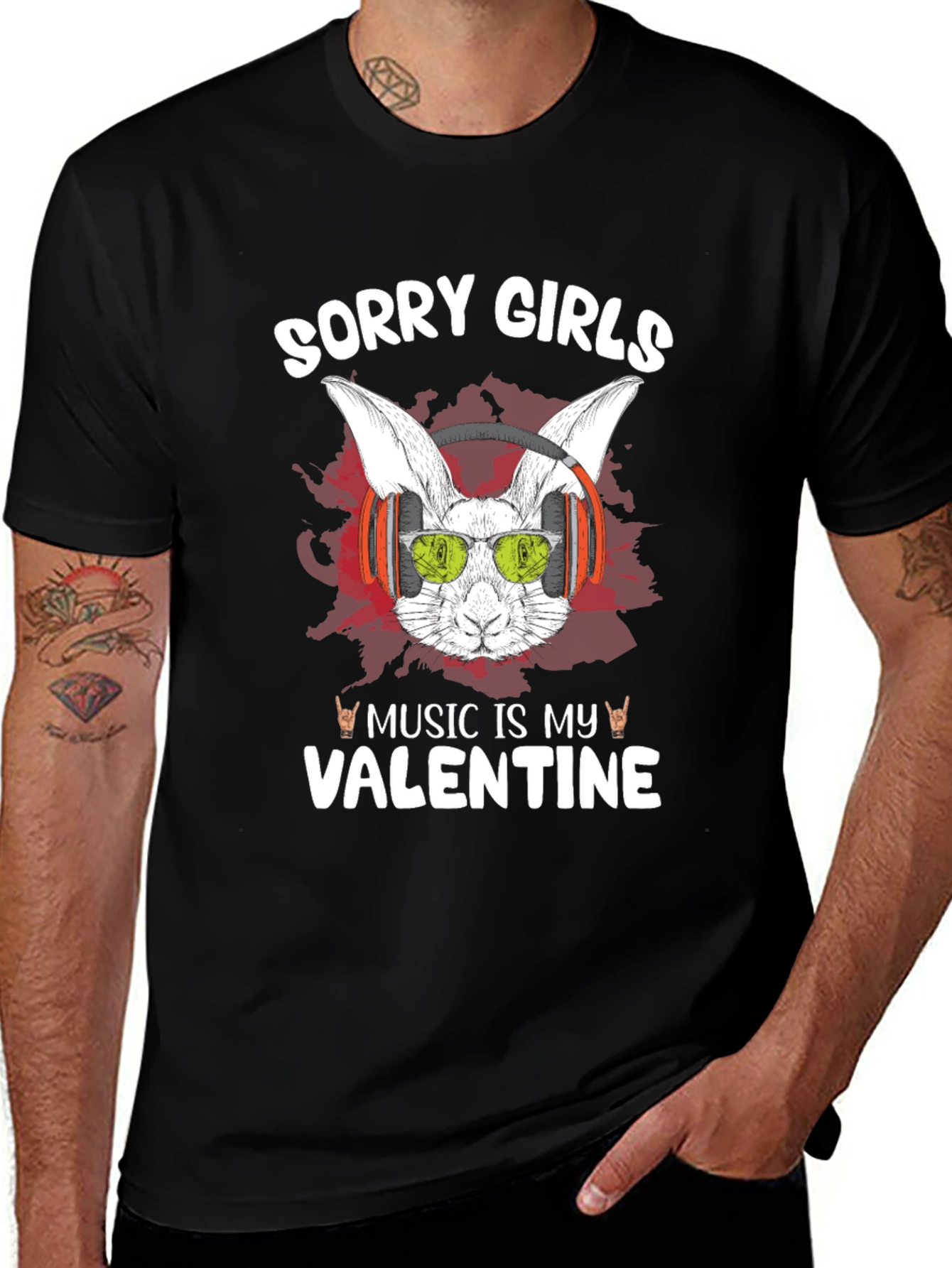 Music Is My Valentine Rabbit Graphic T-Shirt