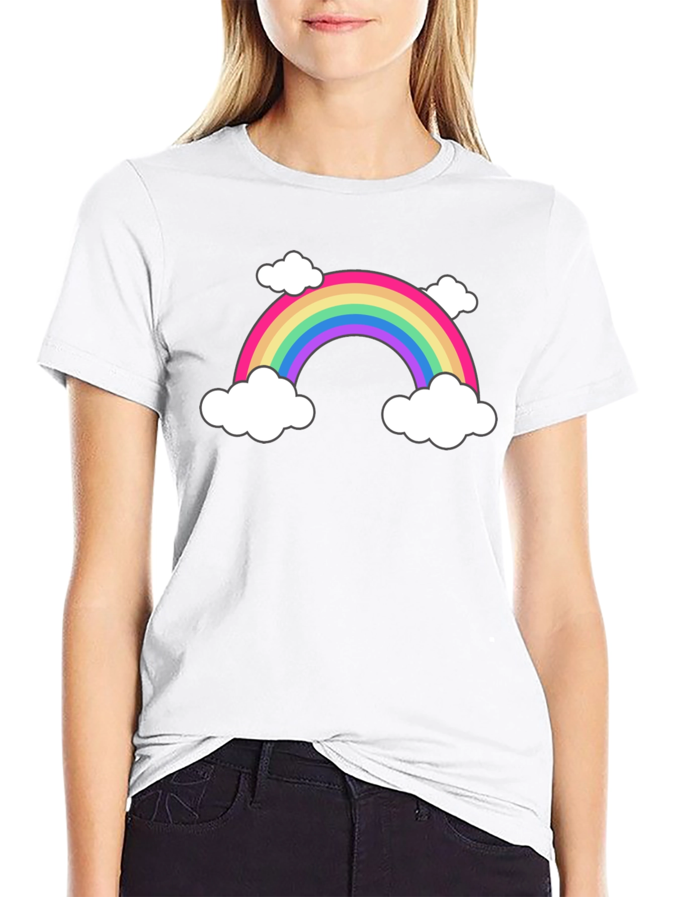 Rainbow & Cloud Graphic Tee - Black Cotton T-Shirt