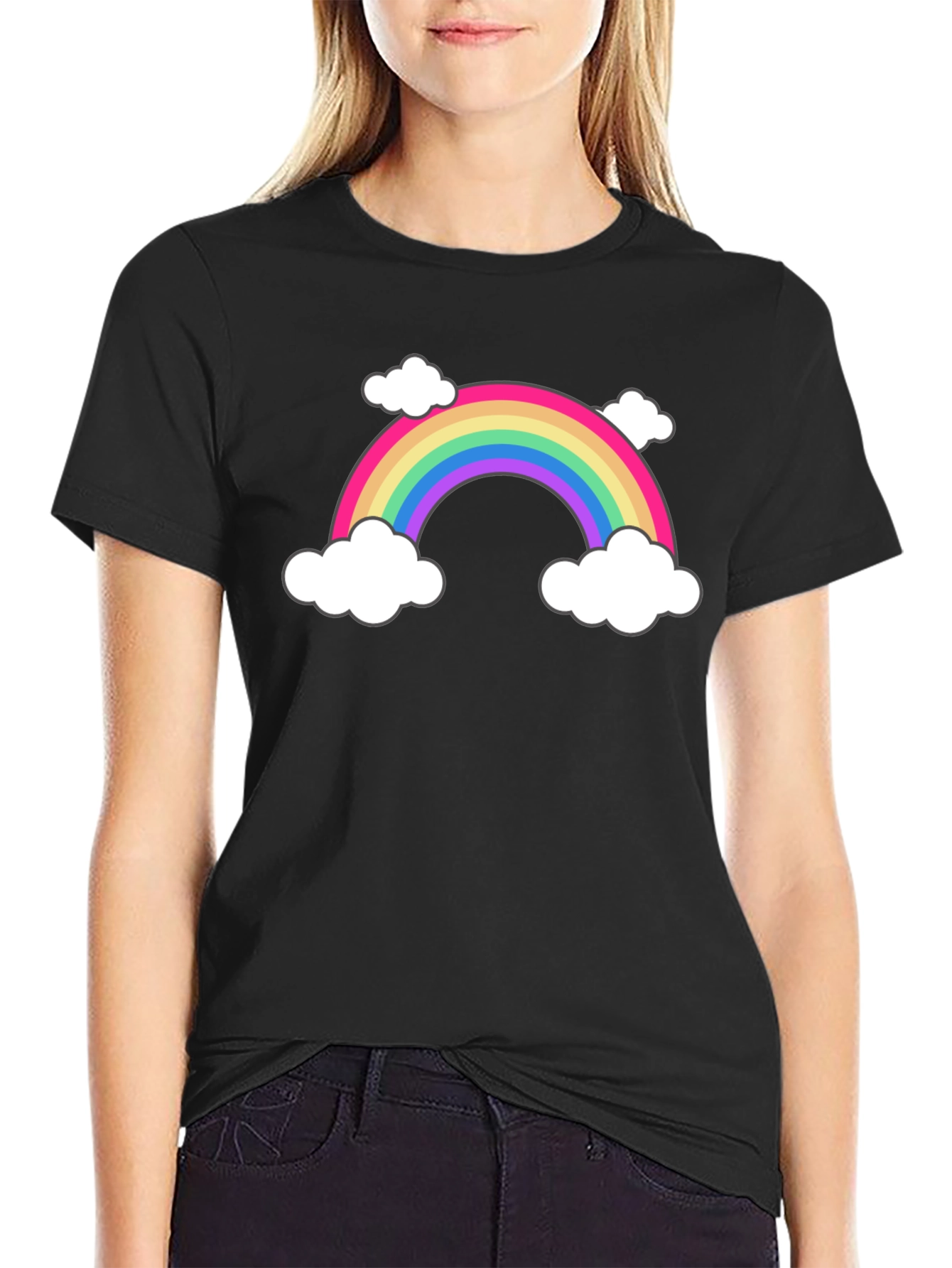 Rainbow & Cloud Graphic Tee - Black Cotton T-Shirt