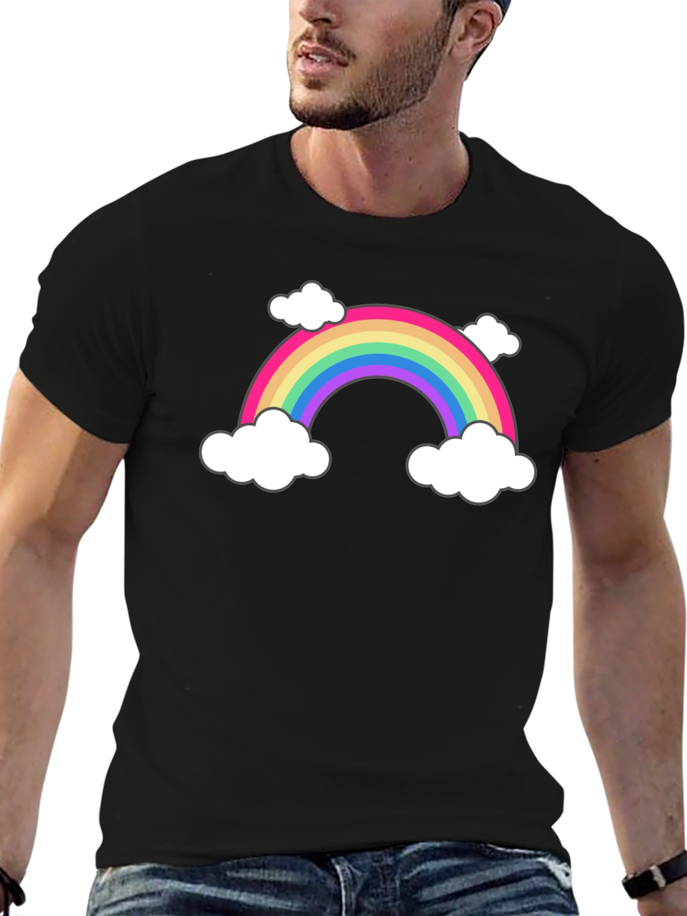 Rainbow & Cloud Graphic Tee - Black Cotton T-Shirt