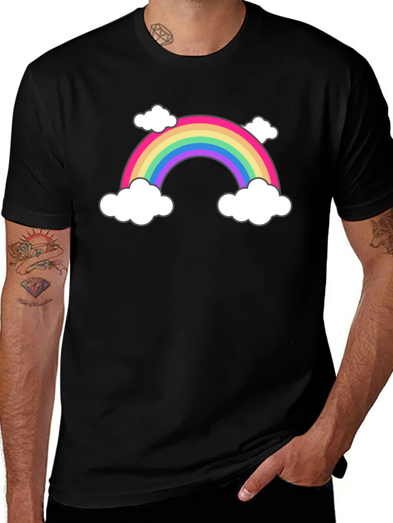 Rainbow & Cloud Graphic Tee - Black Cotton T-Shirt