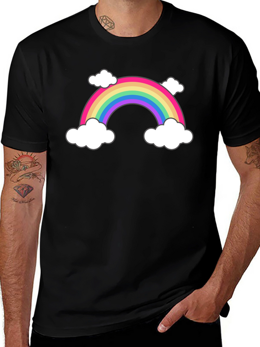 Rainbow & Cloud Graphic Tee - Black Cotton T-Shirt