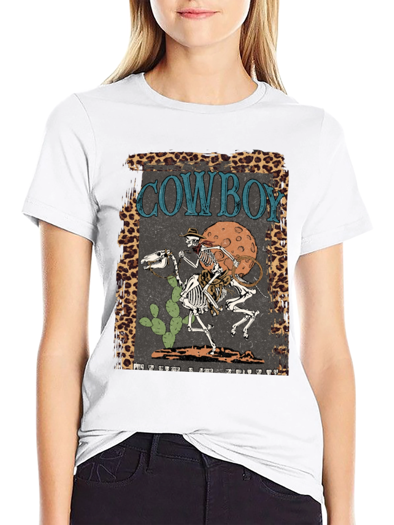 Cowboy Skeleton Graphic Tee - Leopard Print