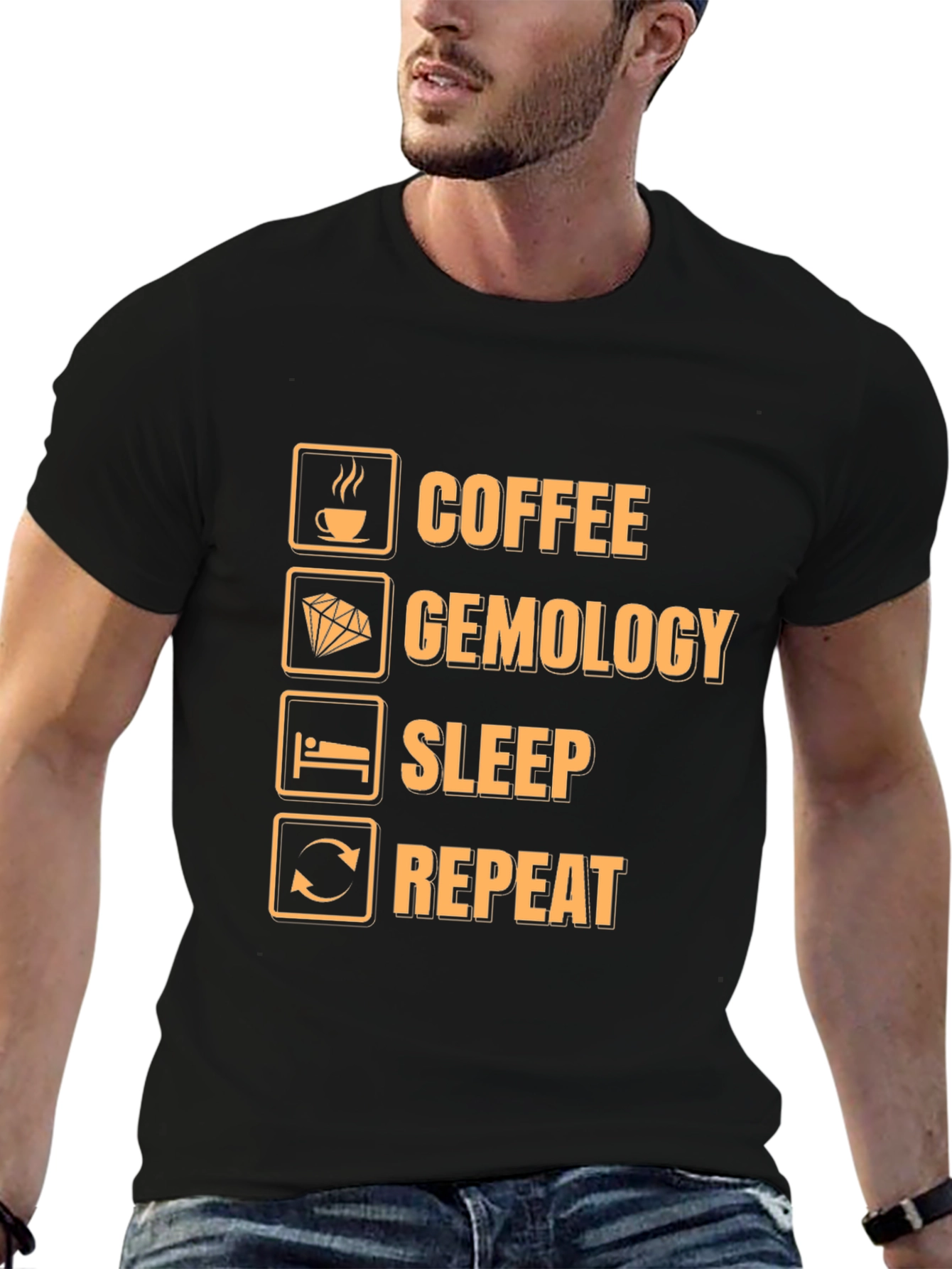 Coffee Gemology Sleep Repeat Funny Graphic T-Shirt