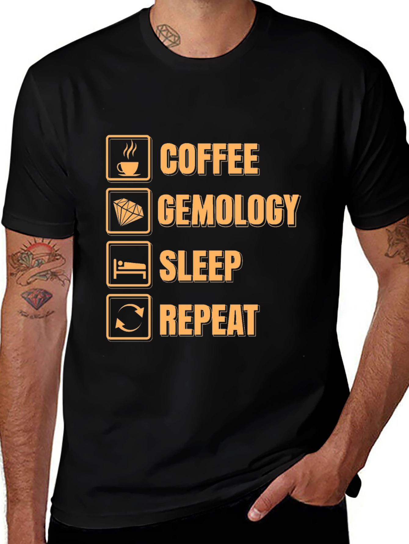 Coffee Gemology Sleep Repeat Funny Graphic T-Shirt