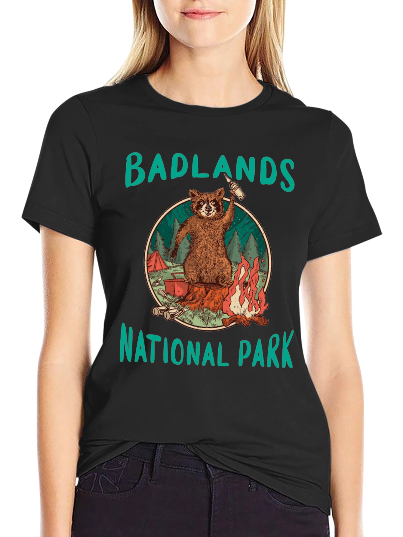 Badlands National Park Raccoon Camping Black T-Shirt
