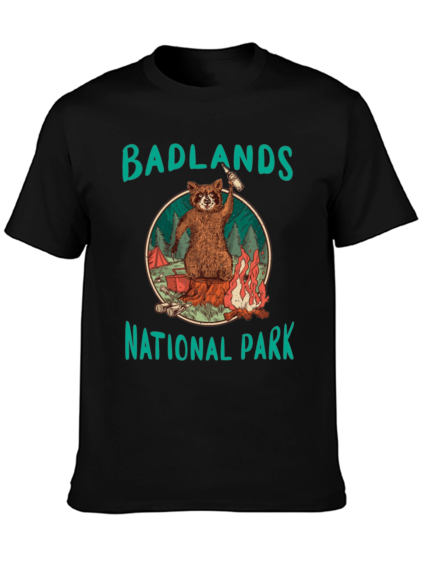 Badlands National Park Raccoon Camping Black T-Shirt