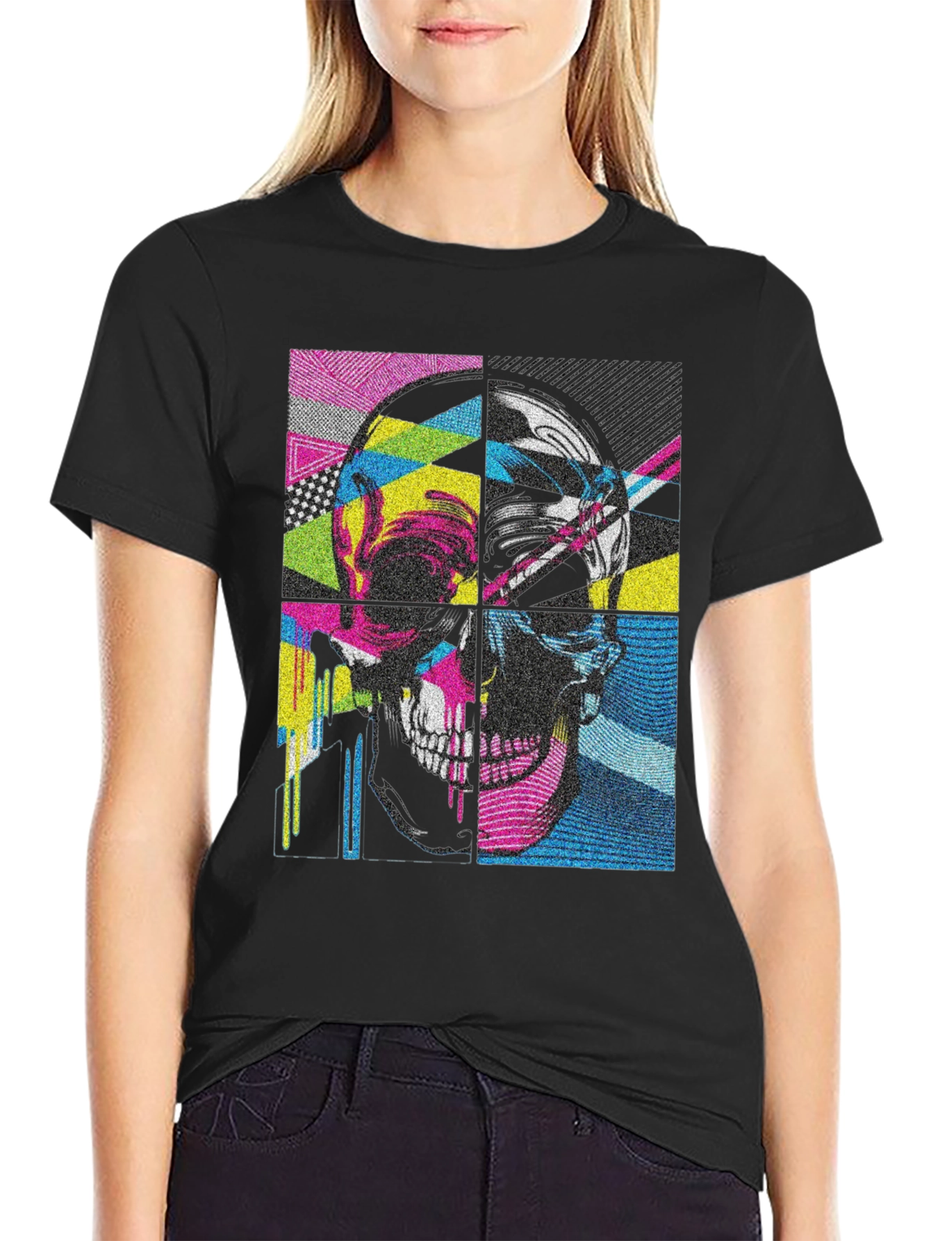 Pop Art Skull Graphic Tee - Black