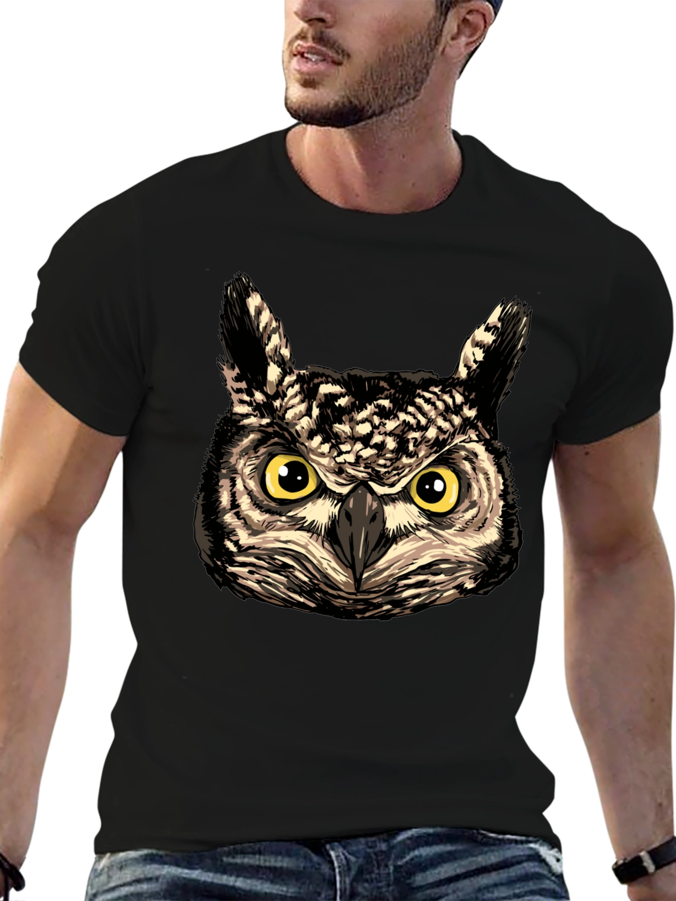 Owl Face Graphic Print Black T-Shirt