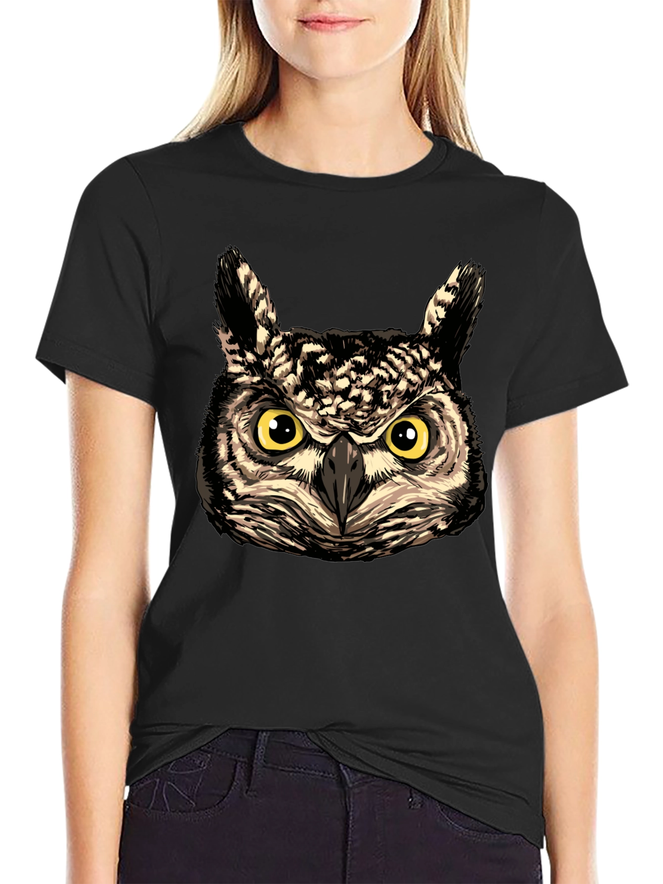 Owl Face Graphic Print Black T-Shirt