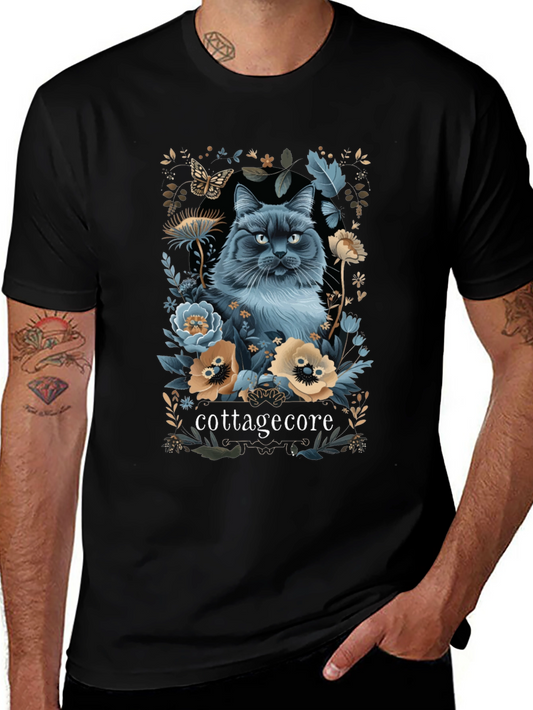 Cottagecore Cat T-Shirt - Whimsical Floral Design