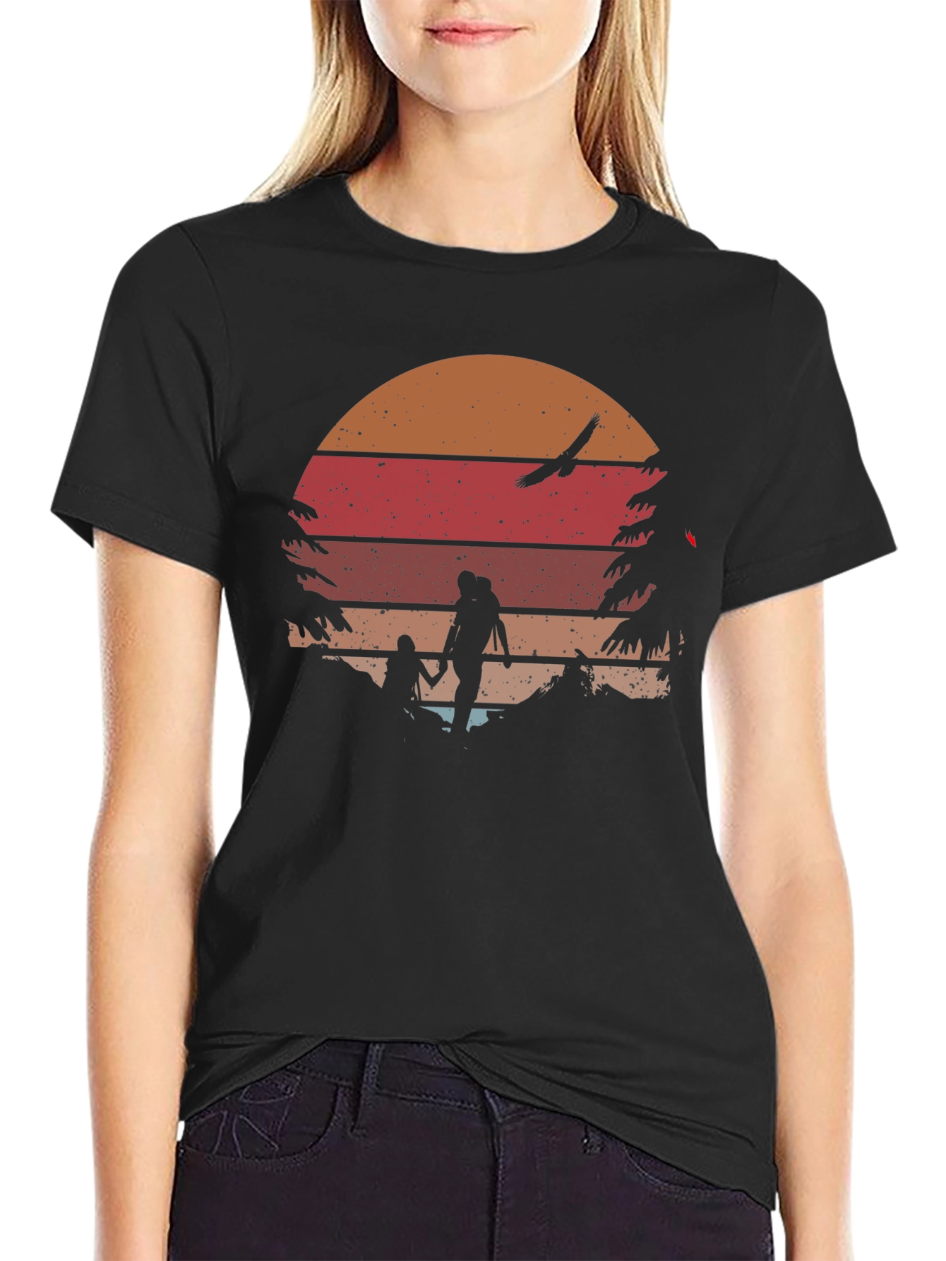 Retro Sunset Hiking T-Shirt - Black