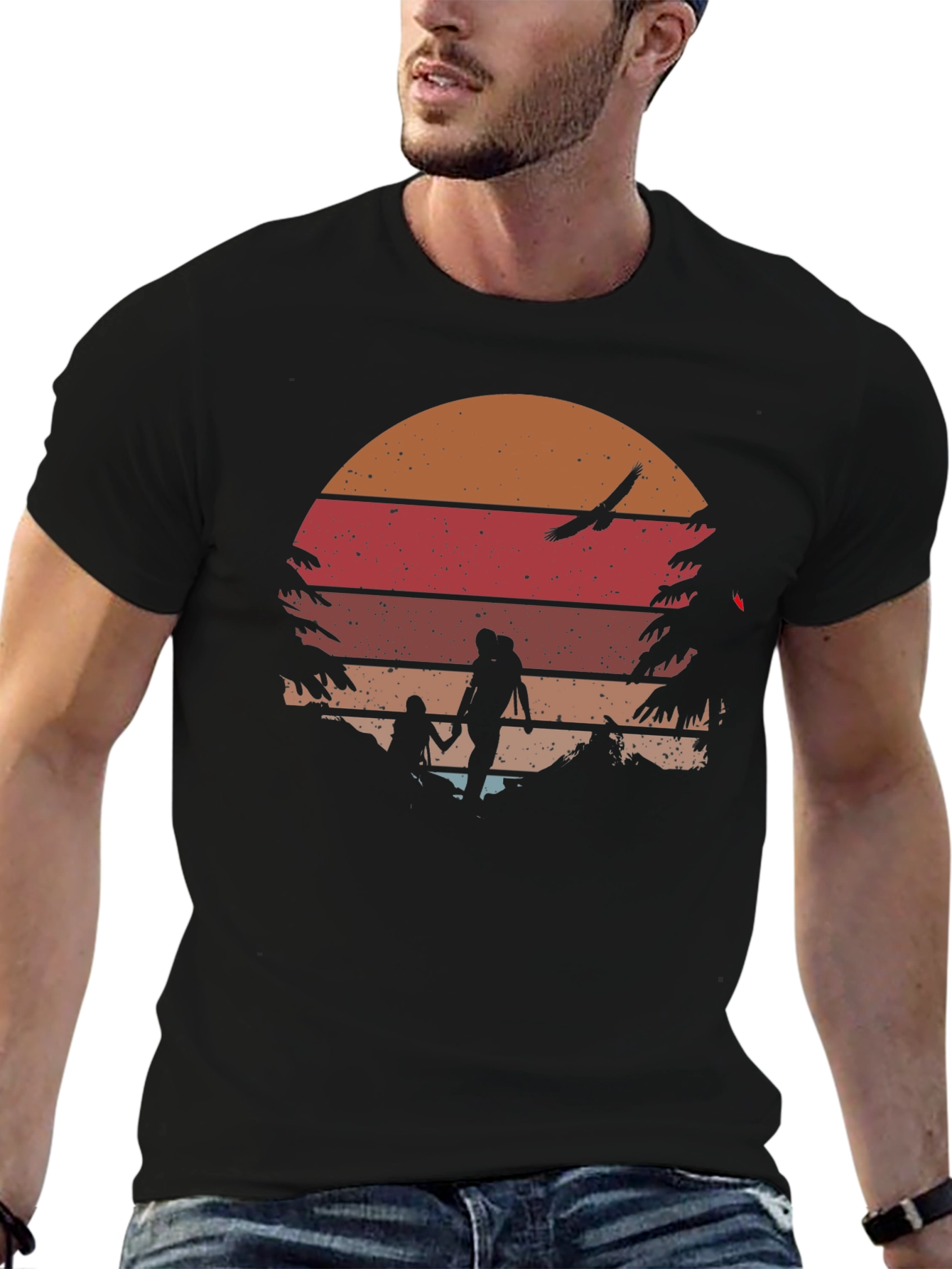 Retro Sunset Hiking T-Shirt - Black