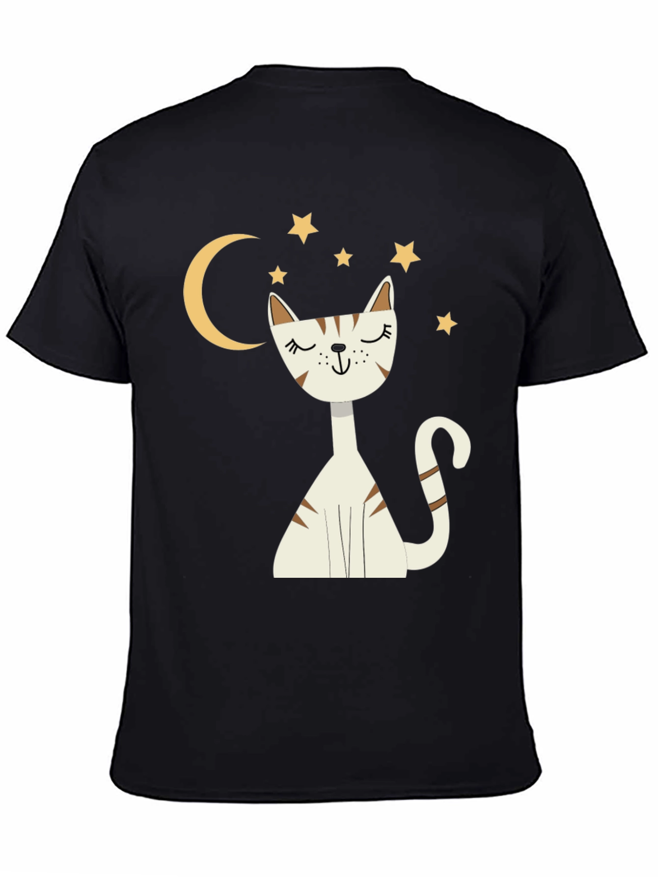 Cute Cat Moon & Stars Graphic Black T-Shirt