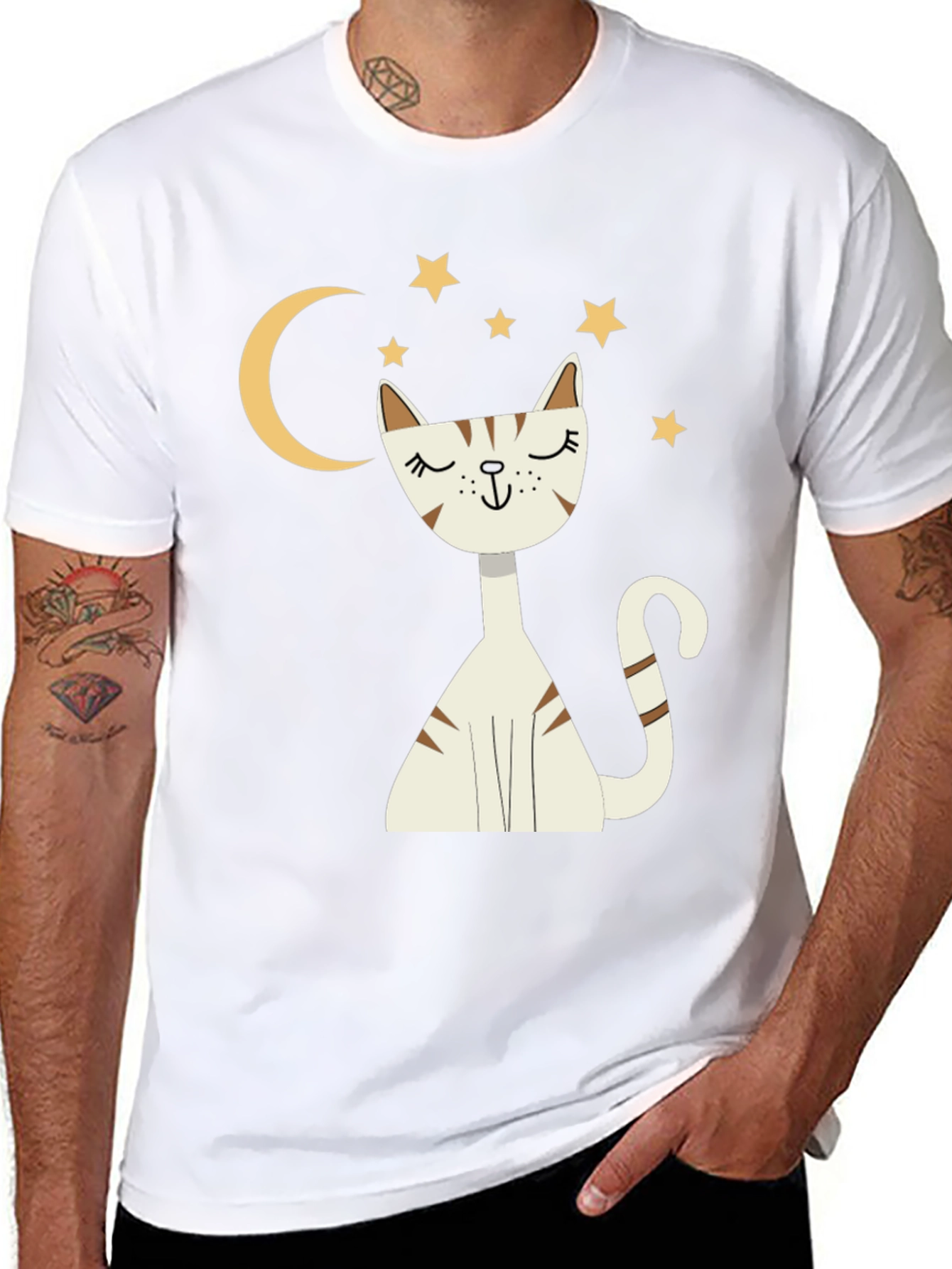 Cute Cat Moon & Stars Graphic Black T-Shirt