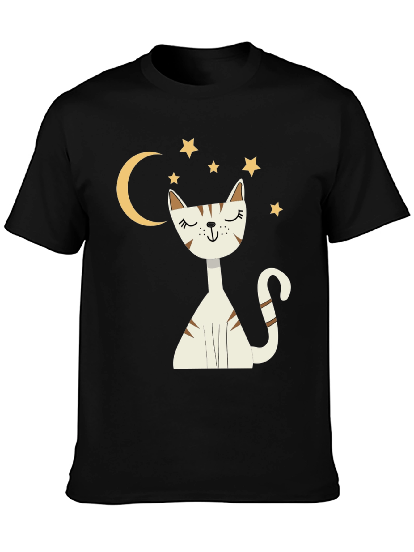Cute Cat Moon & Stars Graphic Black T-Shirt