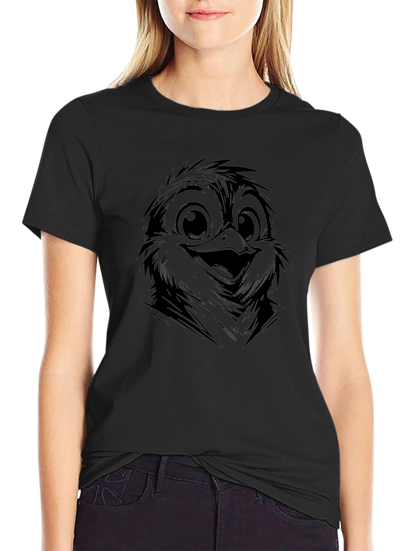 Cute Bird Graphic Tee - Black Cotton Casual T-Shirt