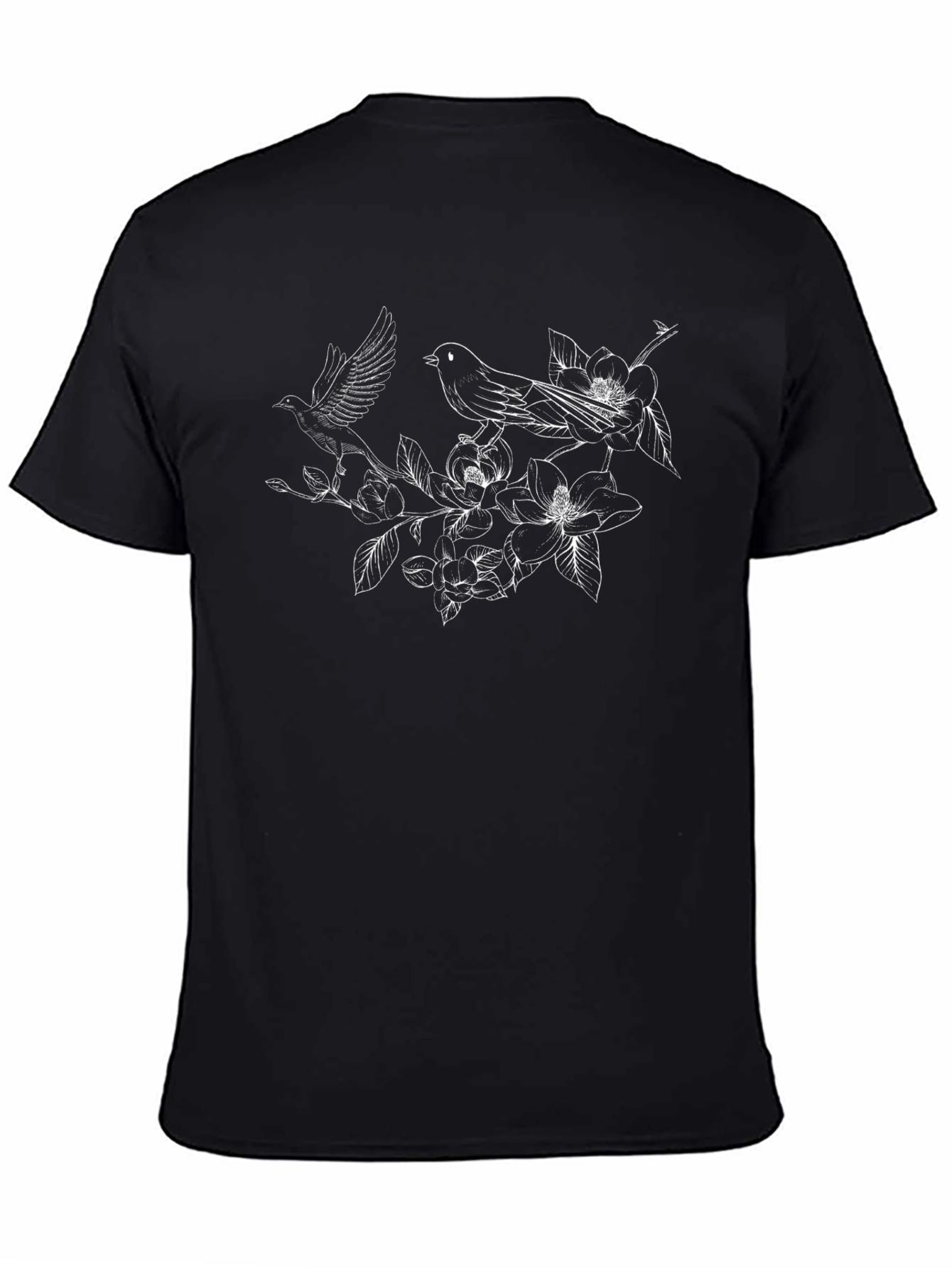 Elegant Floral Bird Print Black T-Shirt