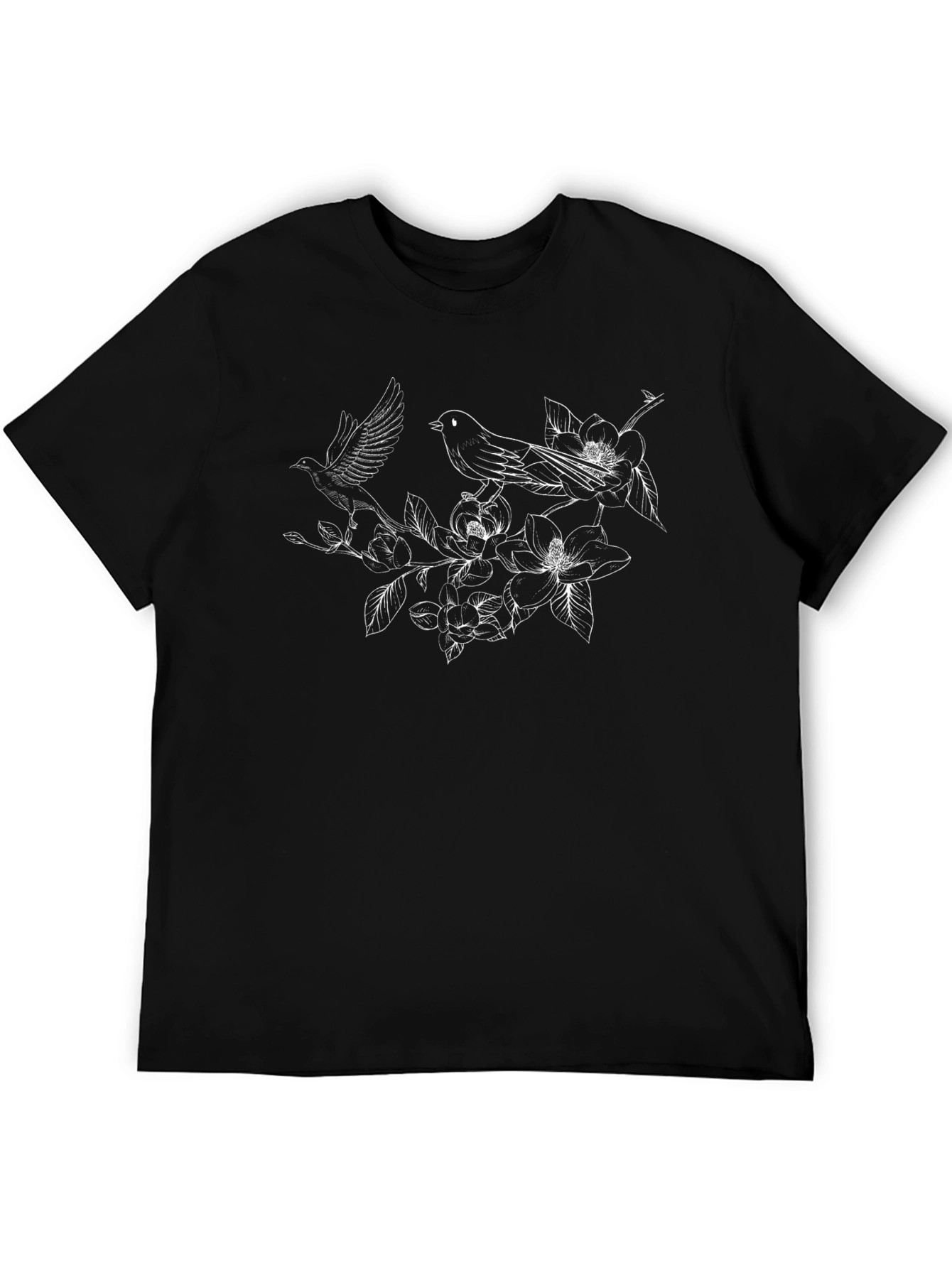 Elegant Floral Bird Print Black T-Shirt