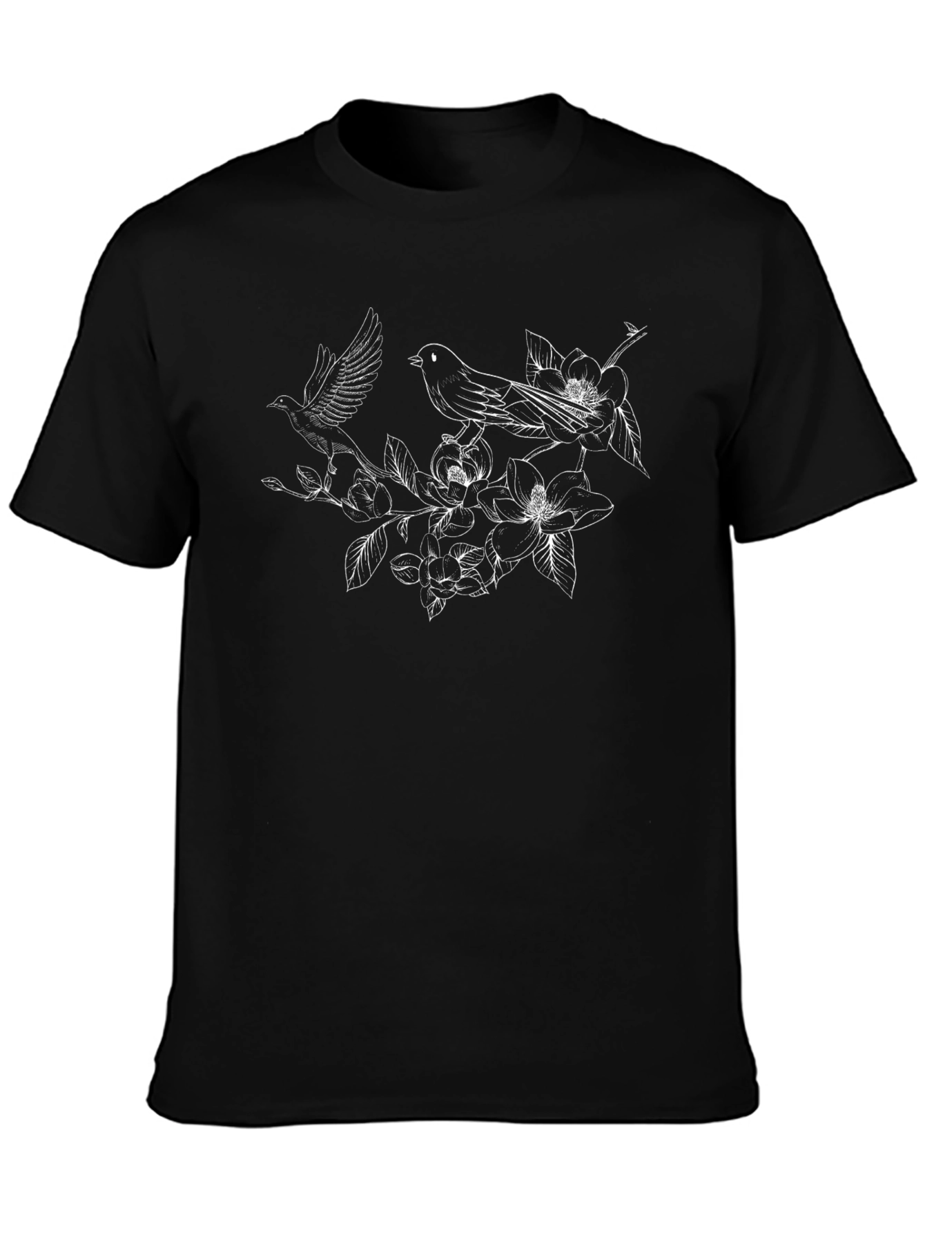 Elegant Floral Bird Print Black T-Shirt