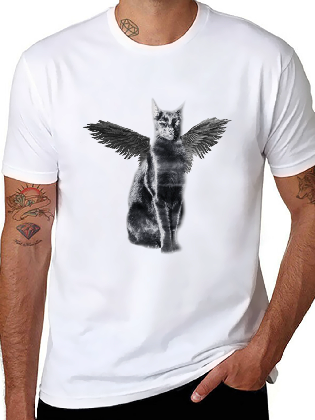 Winged Cat Graphic Tee - Black Cotton T-Shirt