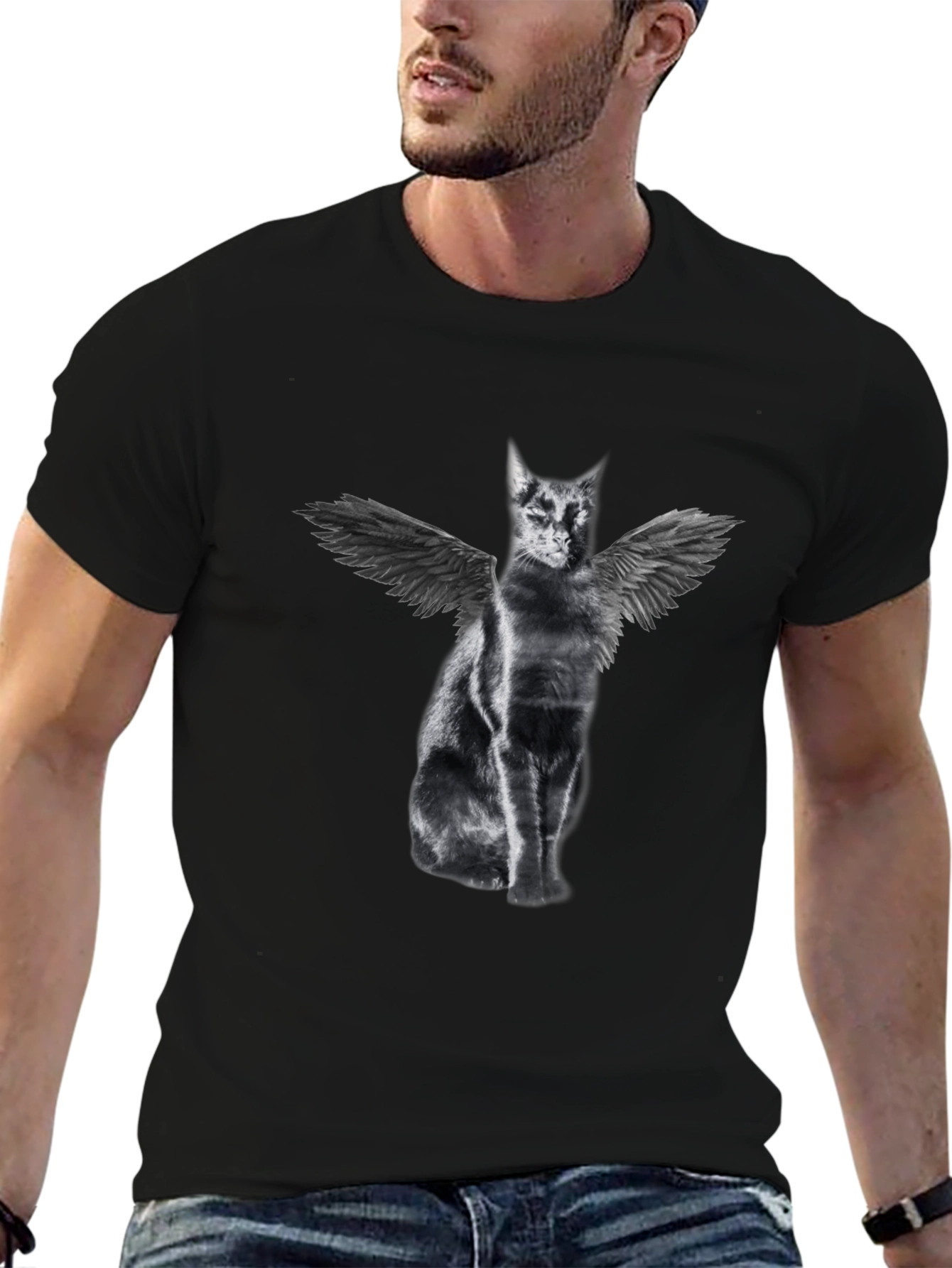 Winged Cat Graphic Tee - Black Cotton T-Shirt