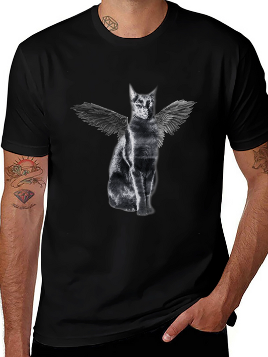 Winged Cat Graphic Tee - Black Cotton T-Shirt