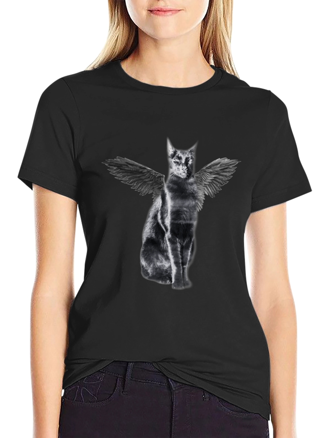 Winged Cat Graphic Tee - Black Cotton T-Shirt