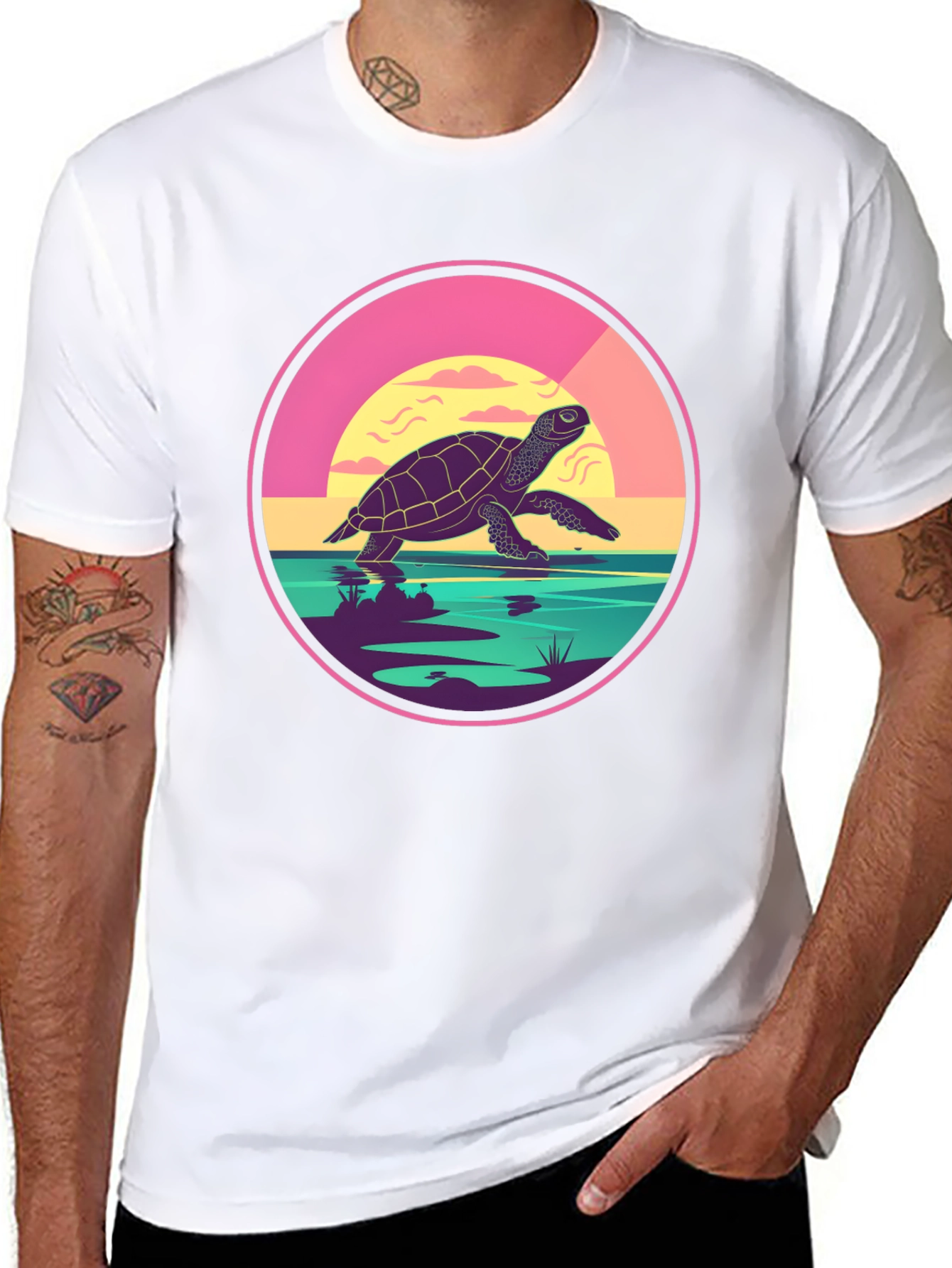 Turtle Sunset Graphic Tee - Unique Round Design
