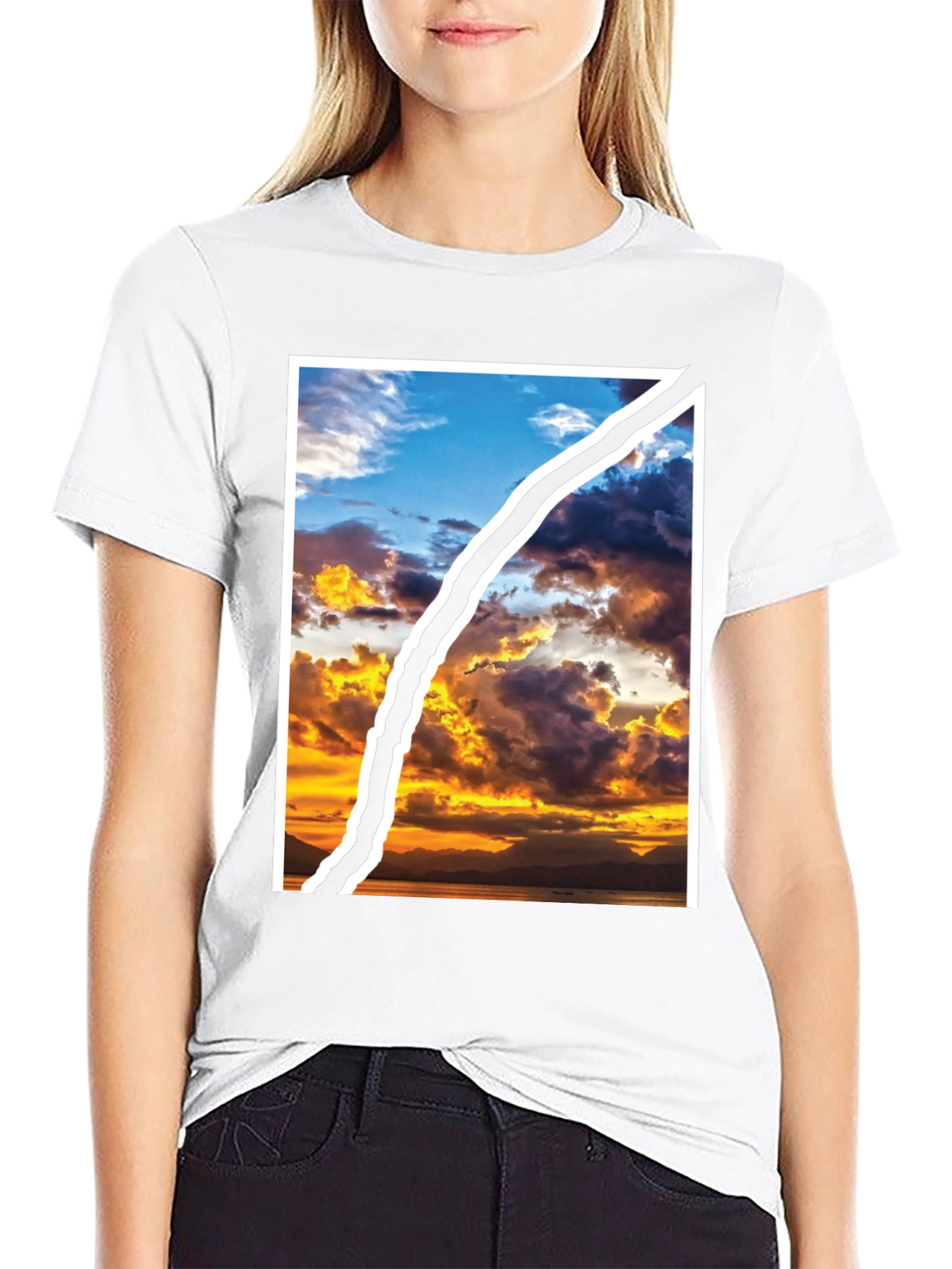 Sunset Sky Graphic Tee - Unique Ripped Design