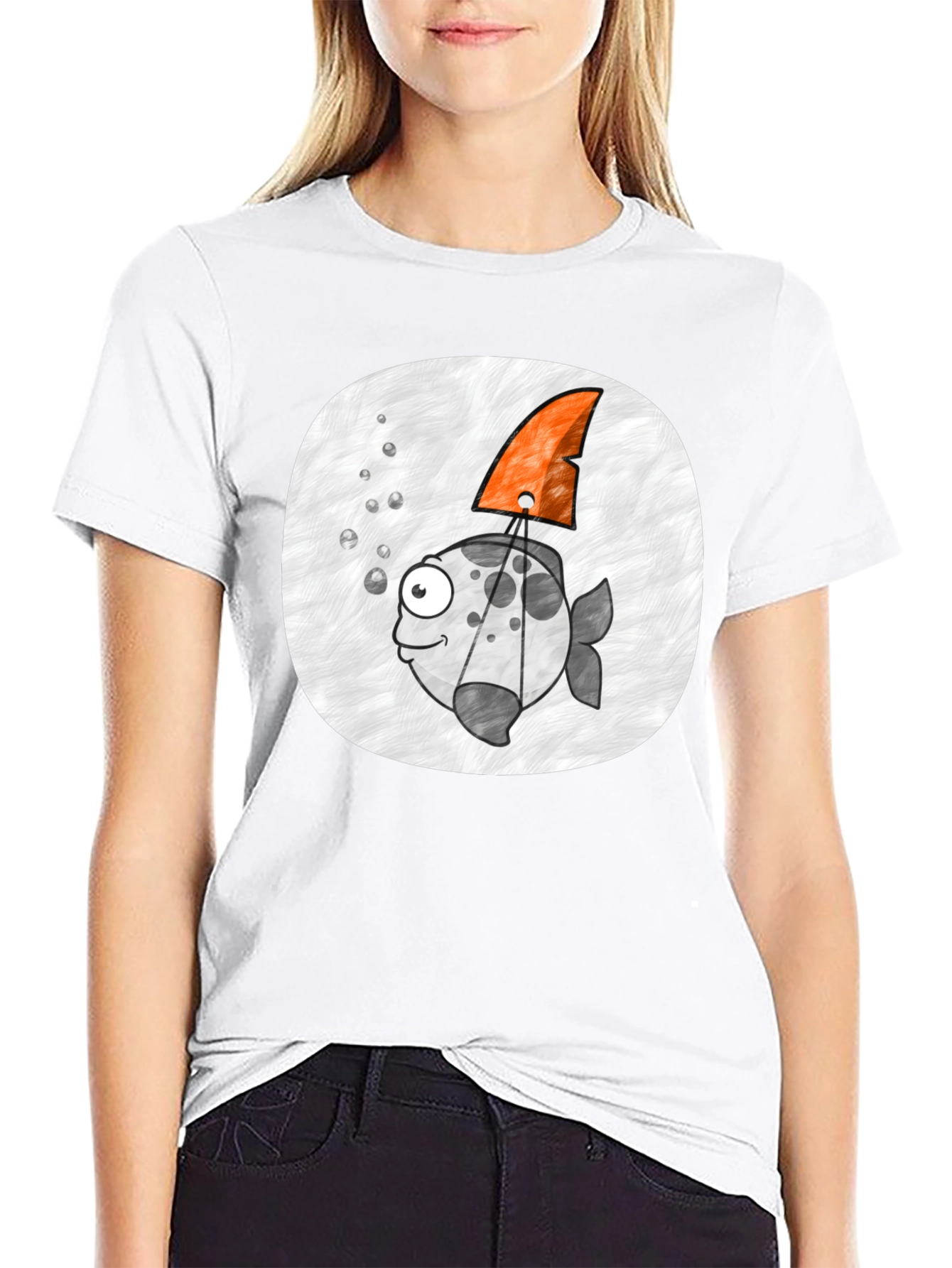 Cartoon Fish with Shark Fin Black T-Shirt