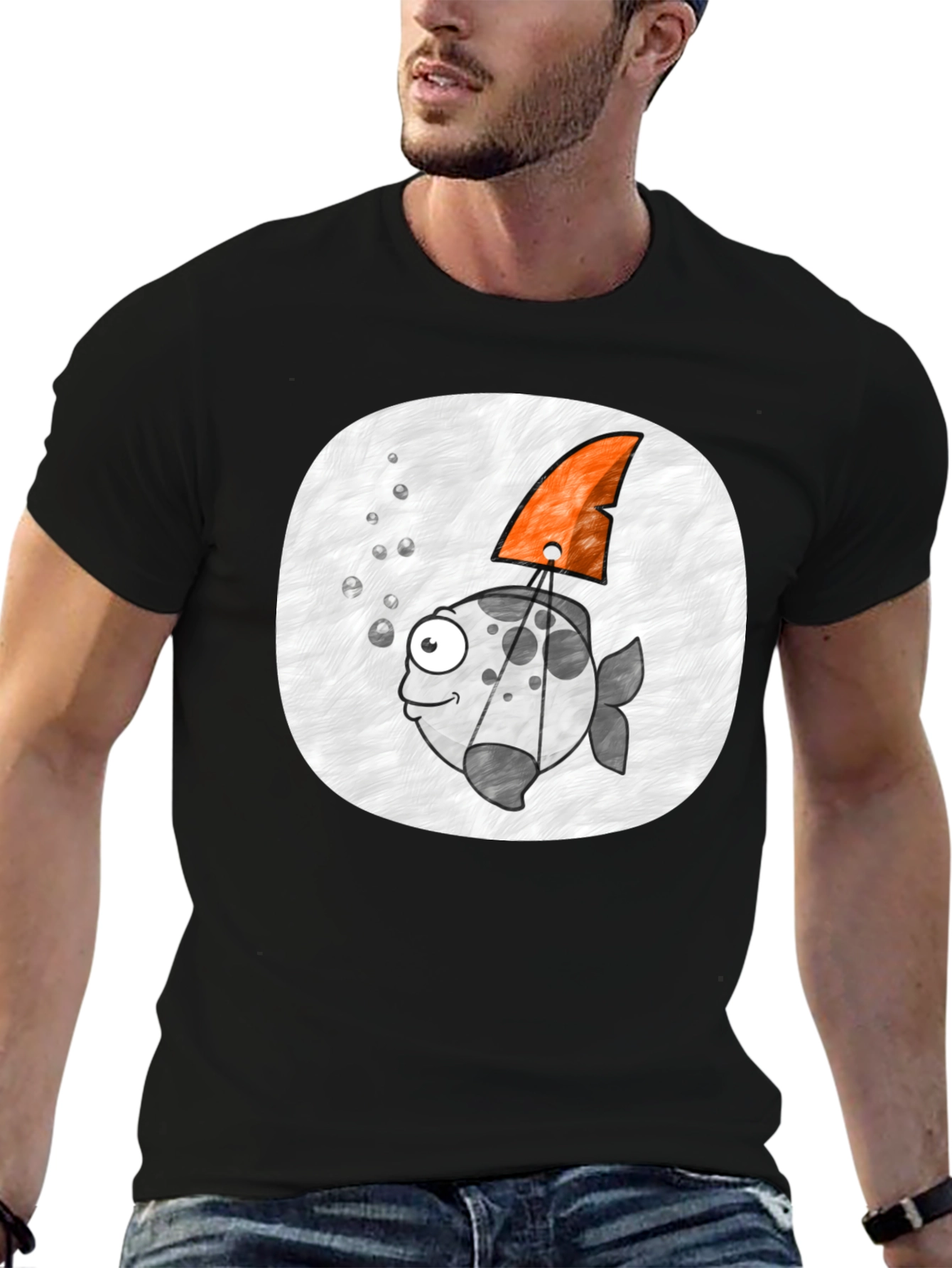 Cartoon Fish with Shark Fin Black T-Shirt