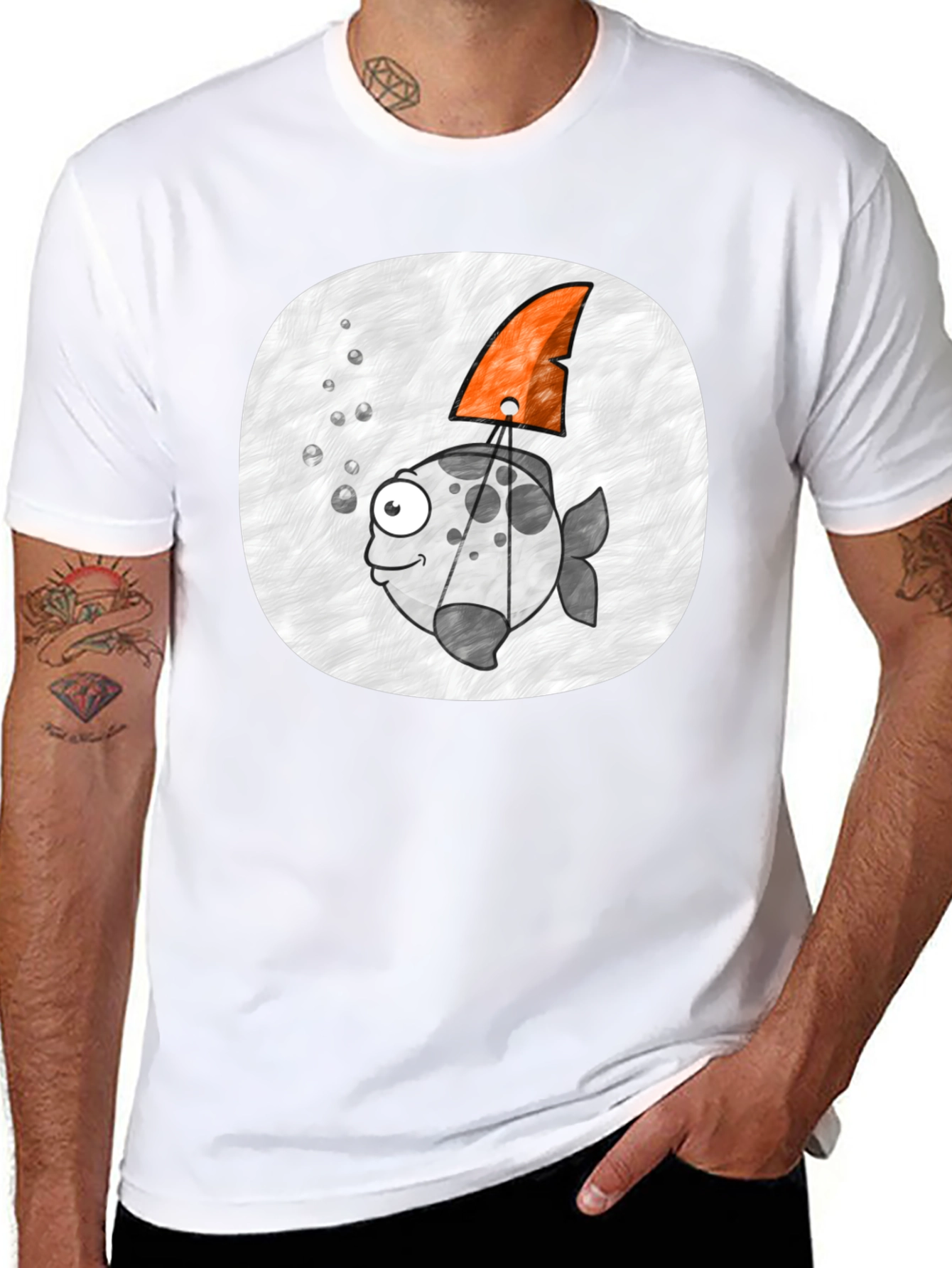 Cartoon Fish with Shark Fin Black T-Shirt