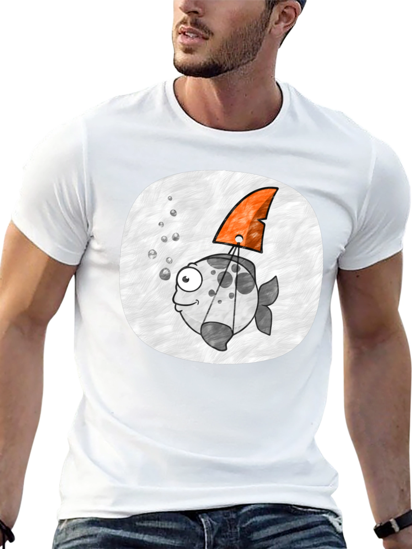 Cartoon Fish with Shark Fin Black T-Shirt