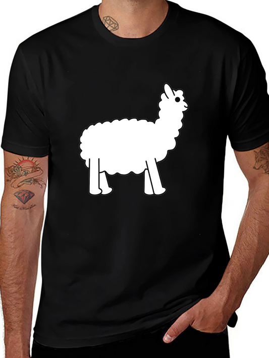 Black T-Shirt with White Alpaca Design - Mens Casual Wear
