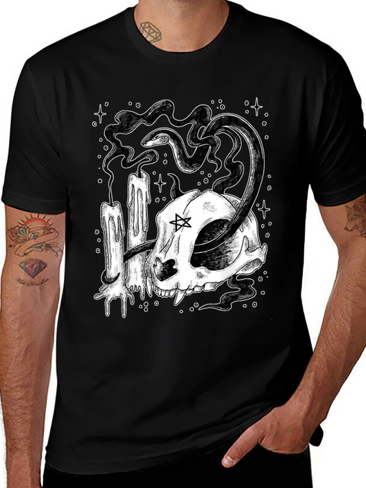 Mystic Cat Skull Tee - Occult Candle Snake Design