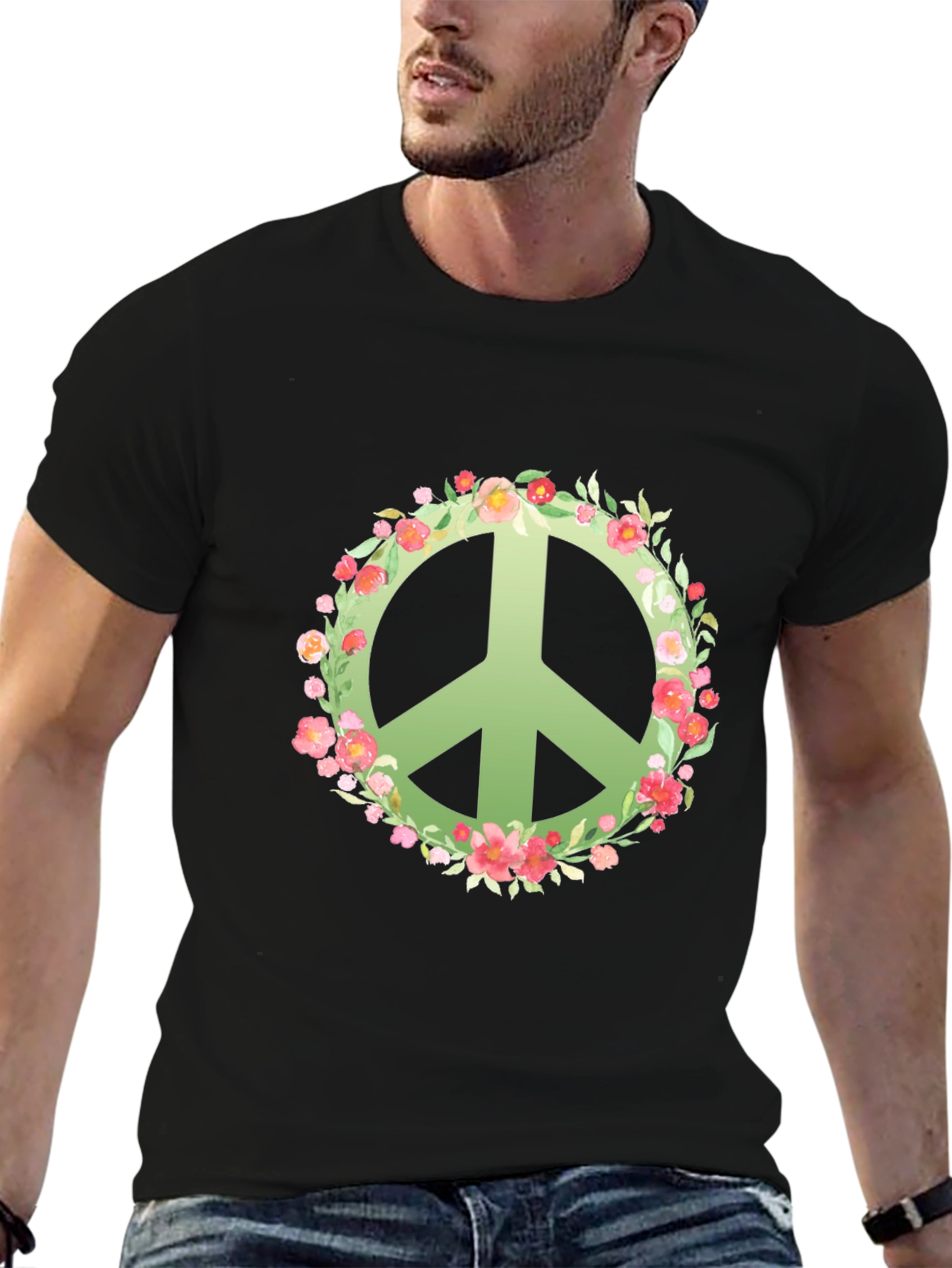 Floral Peace Sign Black T-Shirt