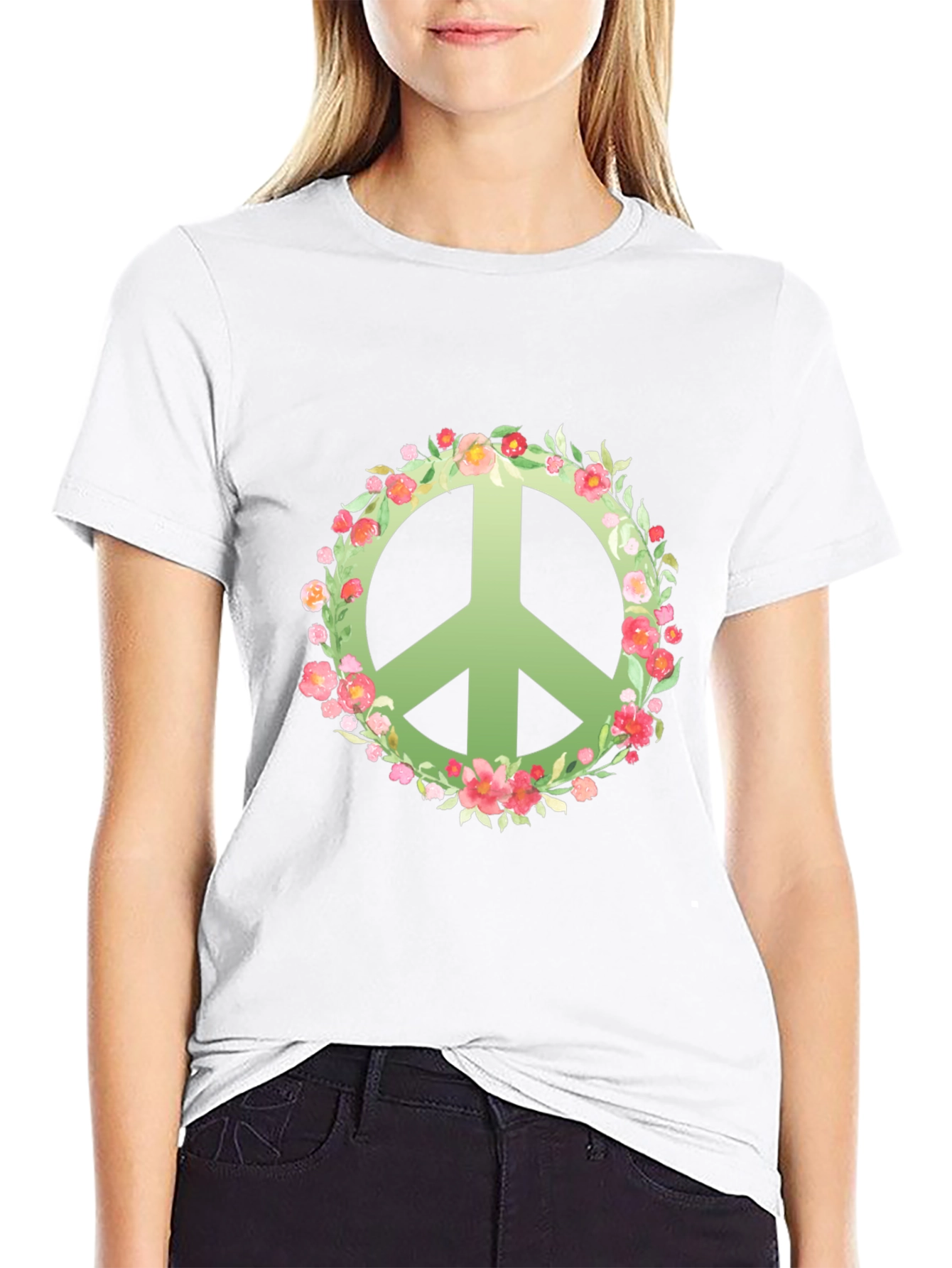 Floral Peace Sign Black T-Shirt