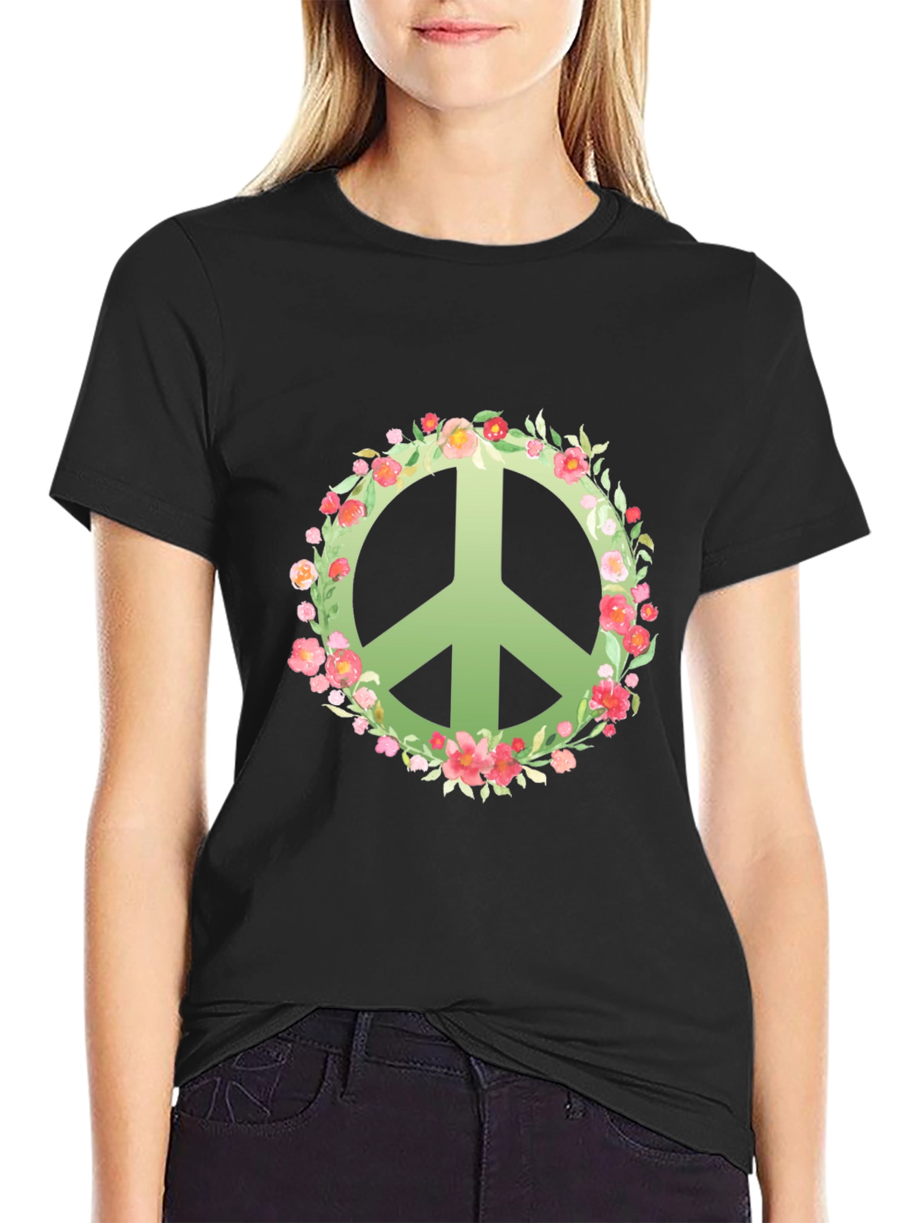 Floral Peace Sign Black T-Shirt