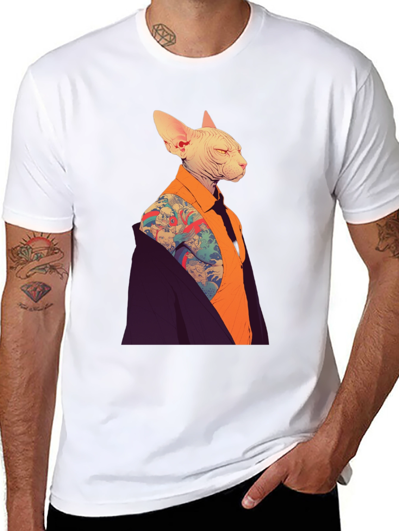 Tattooed Cat Graphic Tee - Stylish & Unique