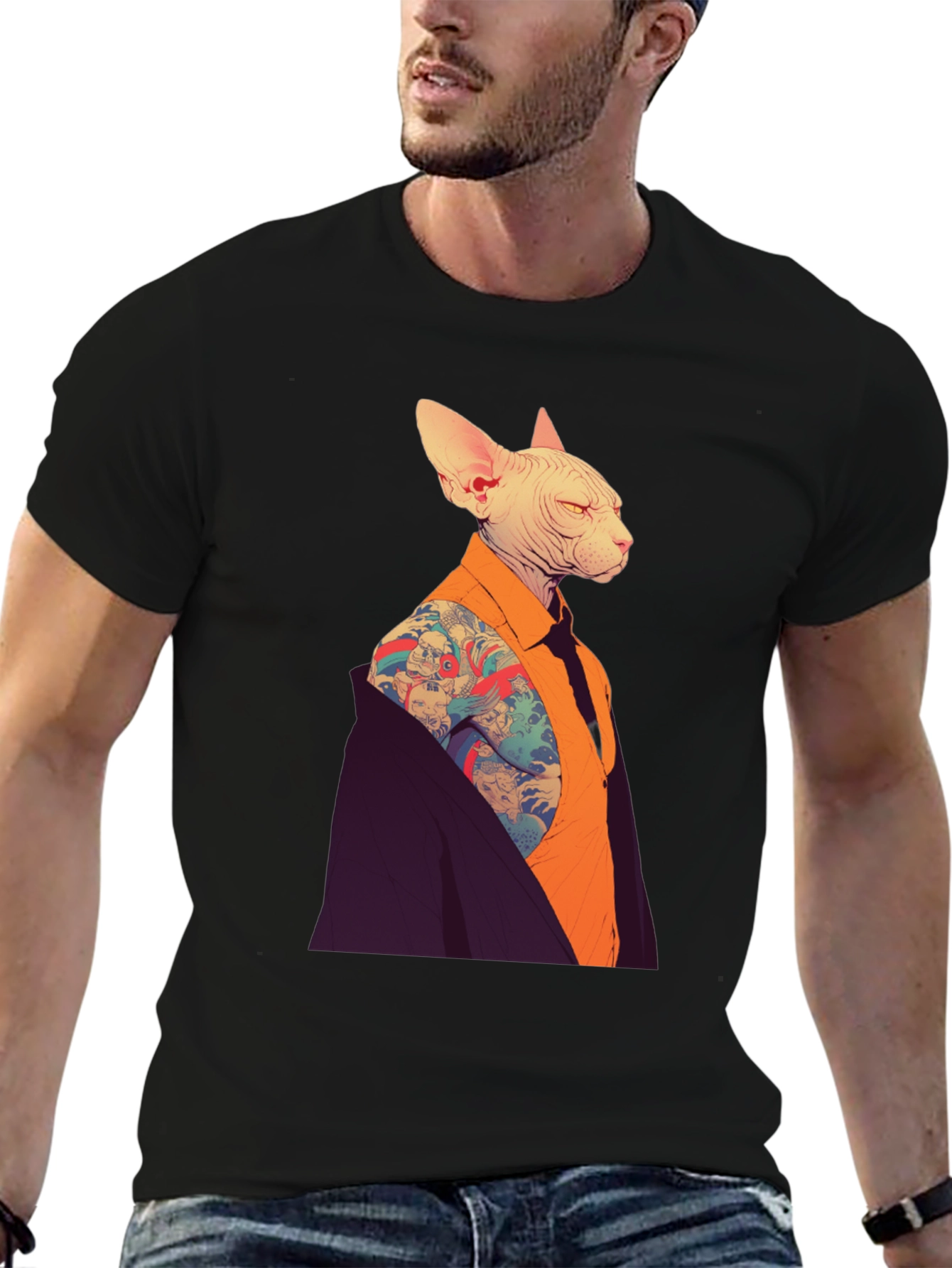 Tattooed Cat Graphic Tee - Stylish & Unique