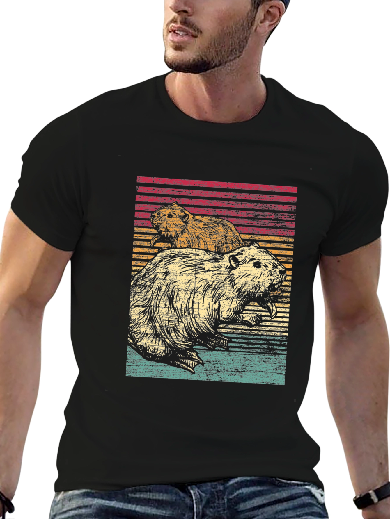 Retro Beaver Graphic Tee - Mens Black T-Shirt
