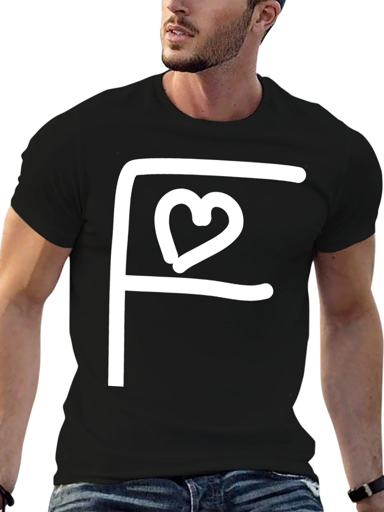 Black Tee with White F Heart Graphic