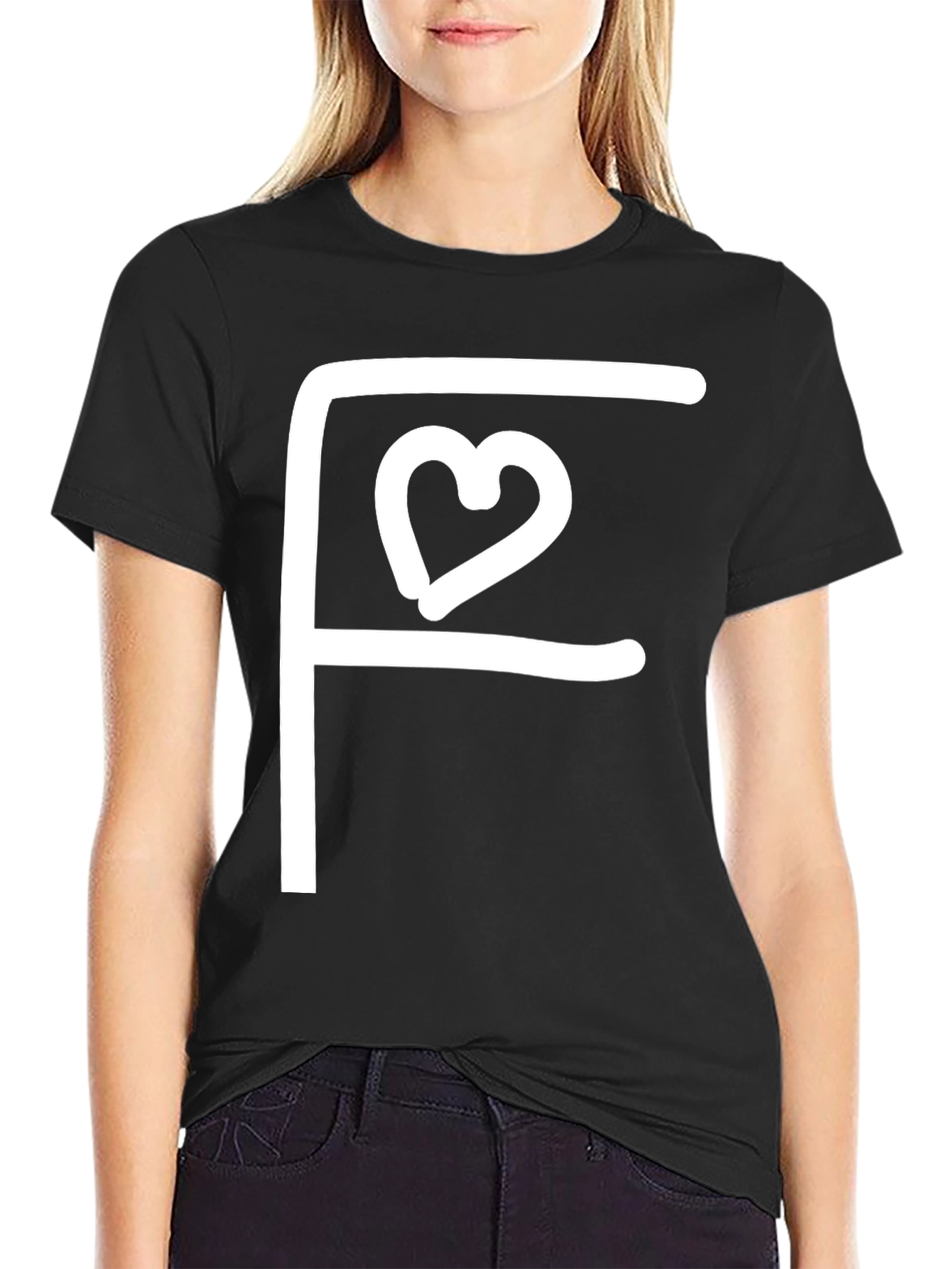 Black Tee with White F Heart Graphic