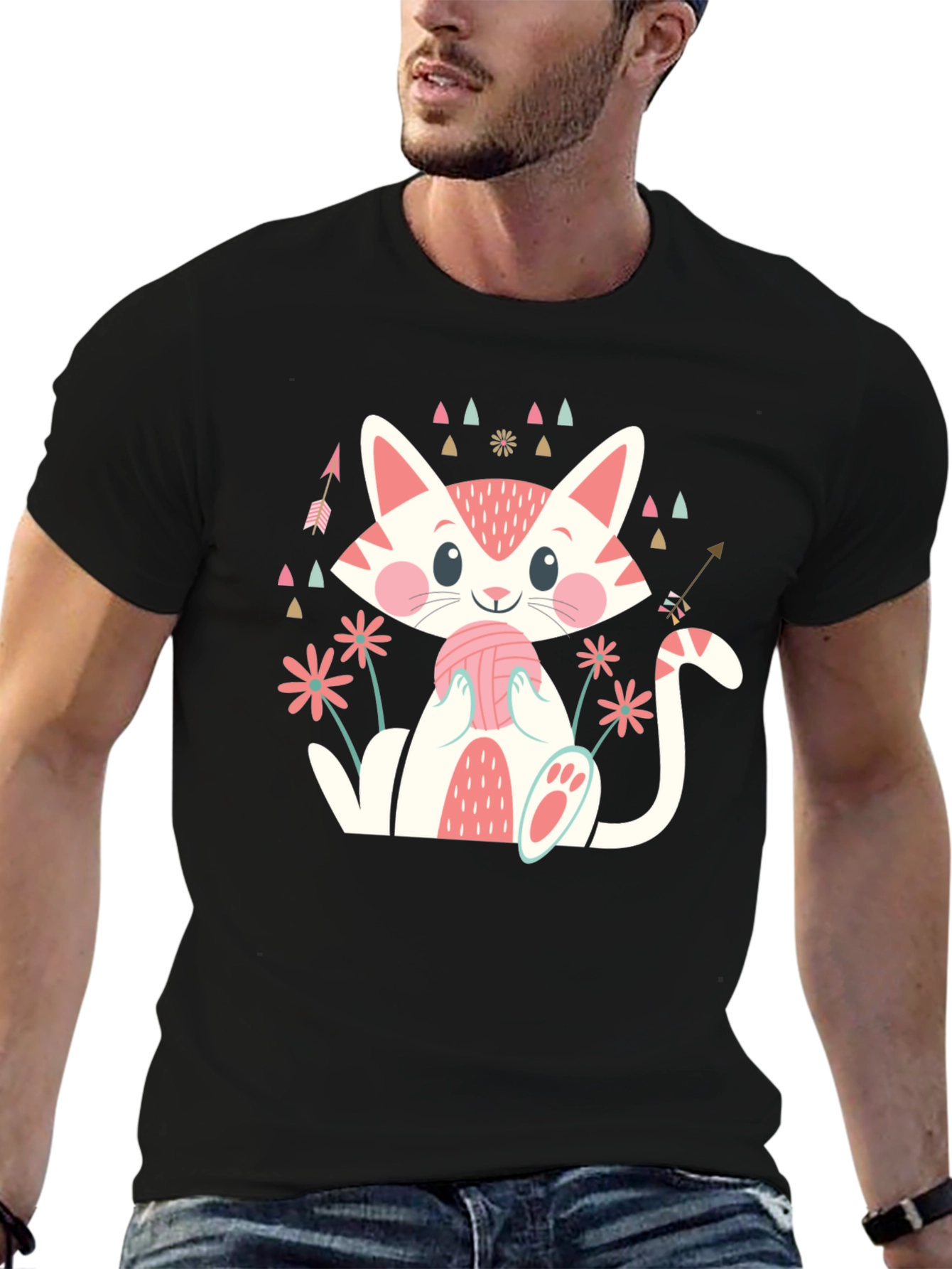 Cute Cat With Yarn Ball Graphic Tee