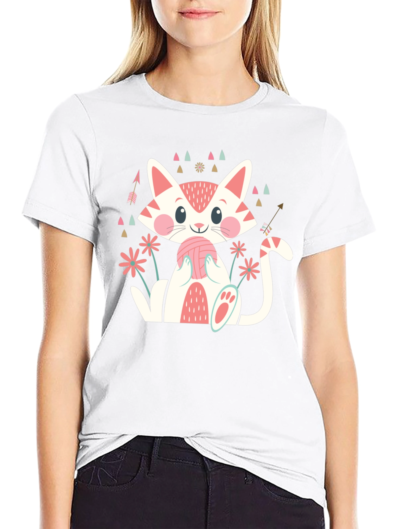 Cute Cat With Yarn Ball Graphic Tee