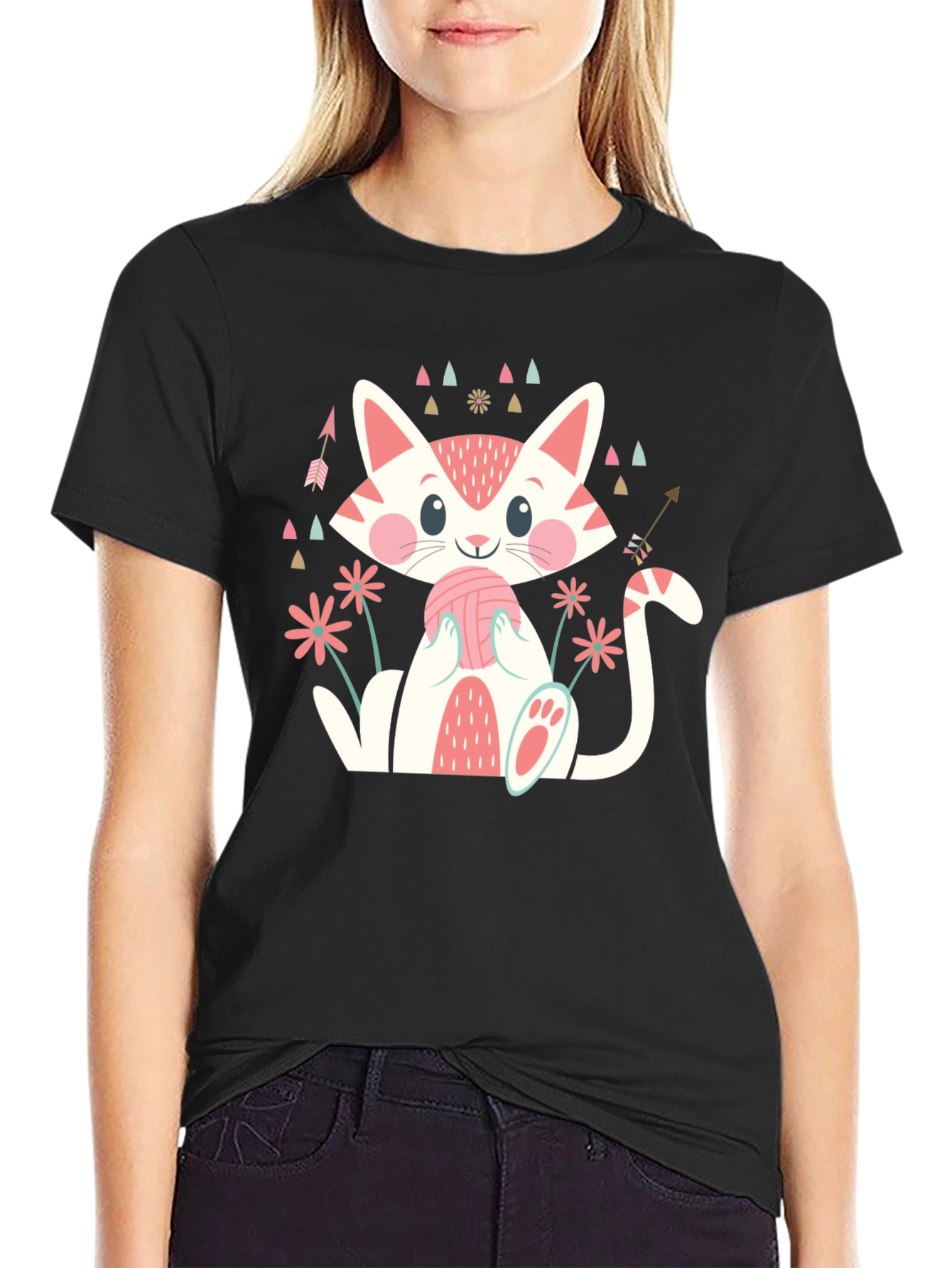 Cute Cat With Yarn Ball Graphic Tee
